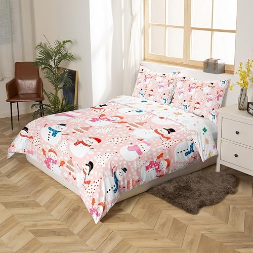 Vista 239 de Juego de funda de edredón rosa de Navidad para niñas, tamaño matrimonial, lindo juego de ropa de cama de dibujos animados de pingüino de Papá Noel