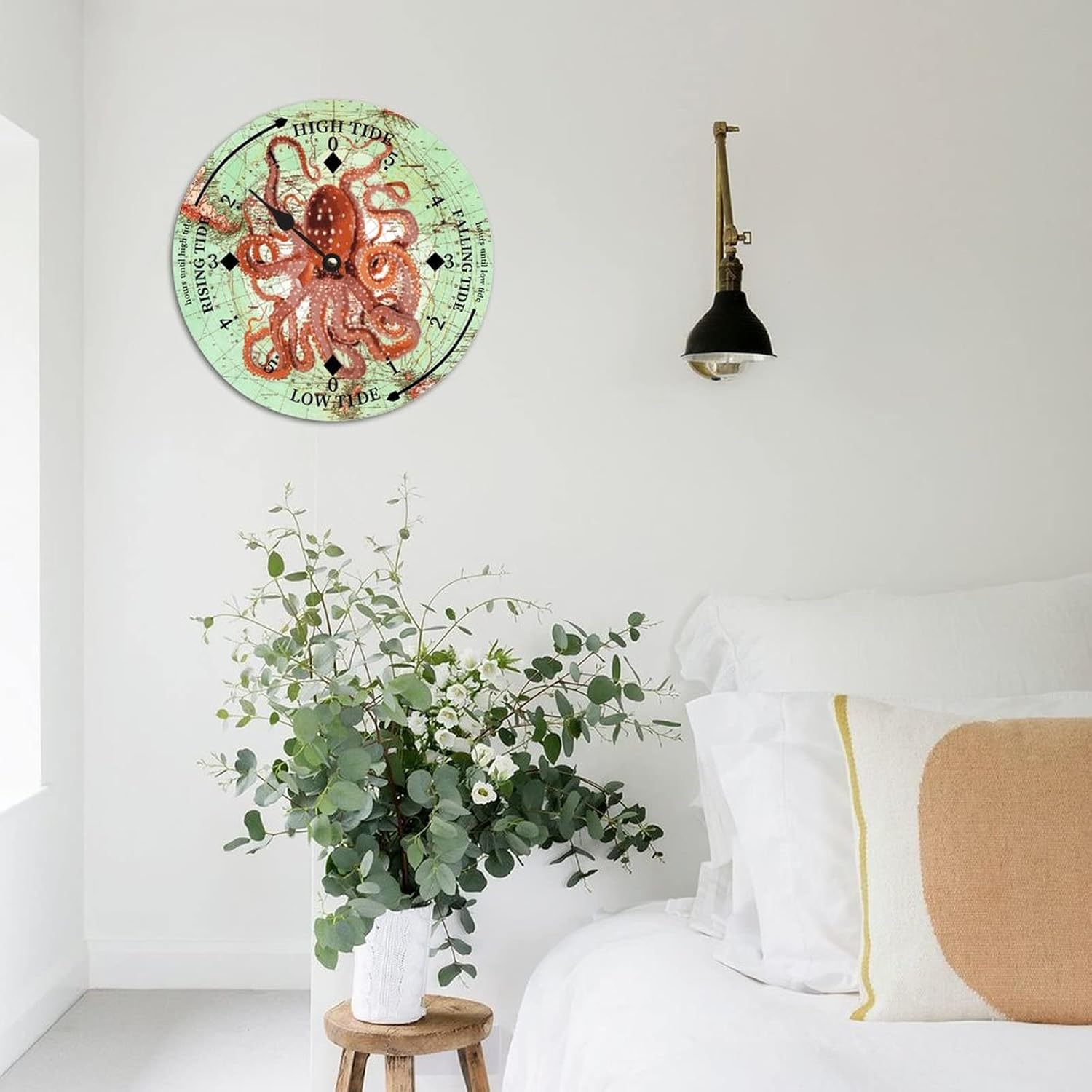 Retro Ocean Octopus Tide Clock Silent Non-Ticking Battery Operated Wooden Moon Tidal Clock Wood Wall Art Nautical Tide Movement Clock for Restaurant Living Room Home Decor 15 Inch