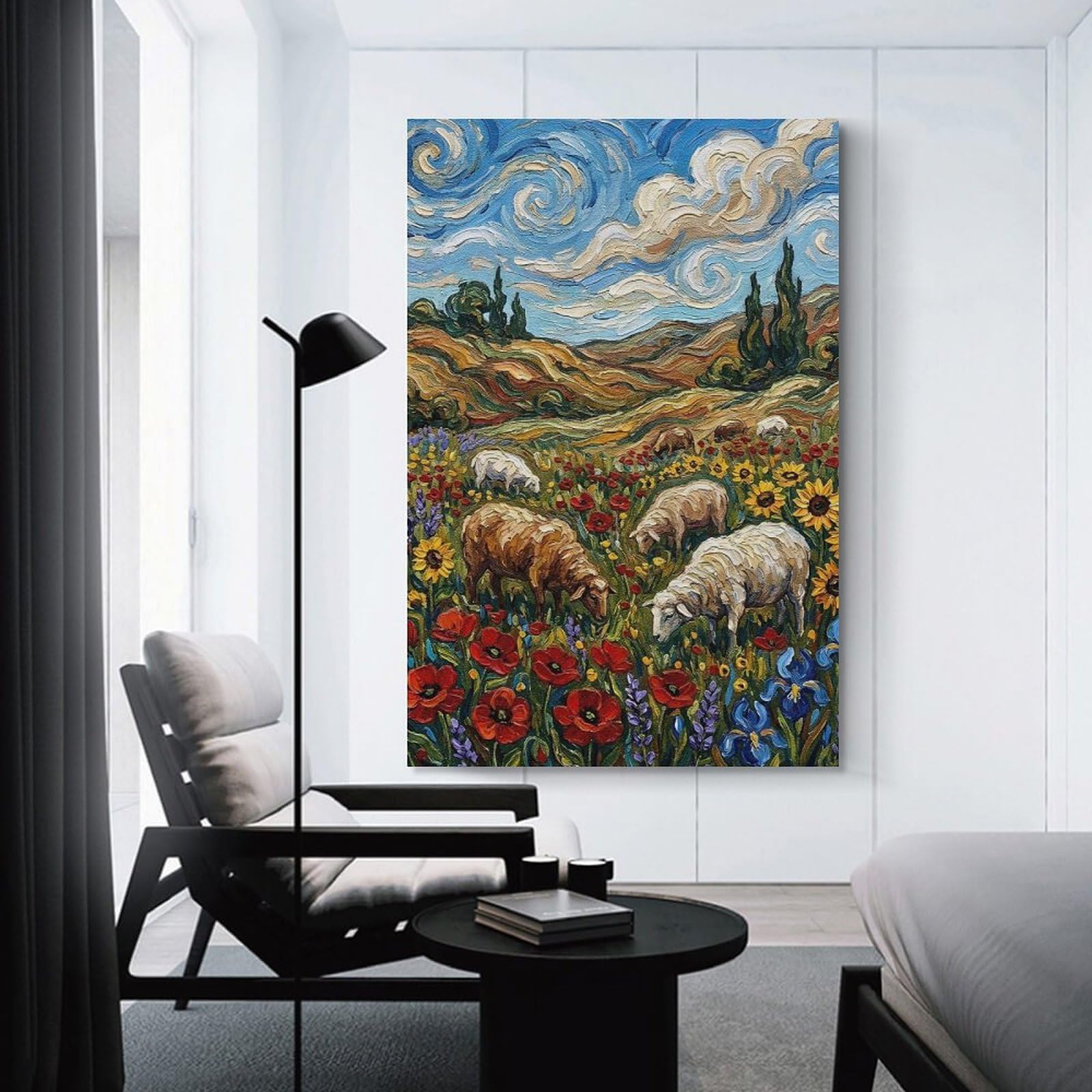 Junmoney Sheep Grazing in A Field of Flowers Room Decor Wall Art, 20x30inch(50x75cm), for Hallway, Lounge Or Guest Room, Gift Idea for Housewarming And Birthdays