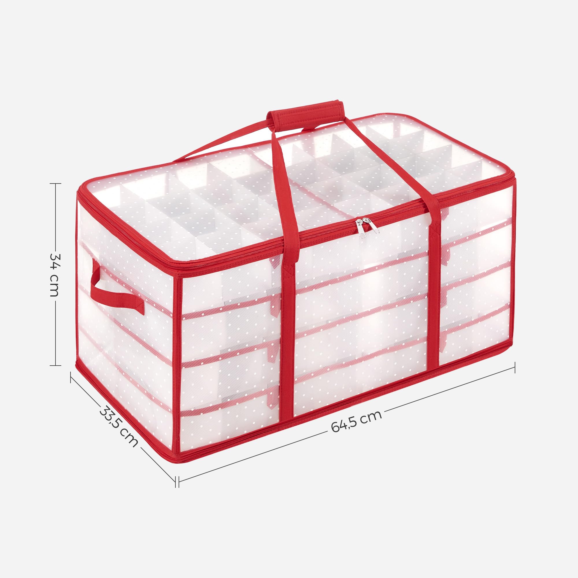 SONGMICS Caja Almacenaje para Bolas de Navidad, Caja Almacenaje para Decoración Navideña, 128 Compartimientos, Separadores Modulares, 67 x 34 x 34 cm, Semi Transparente y Rojo RFB029T01
