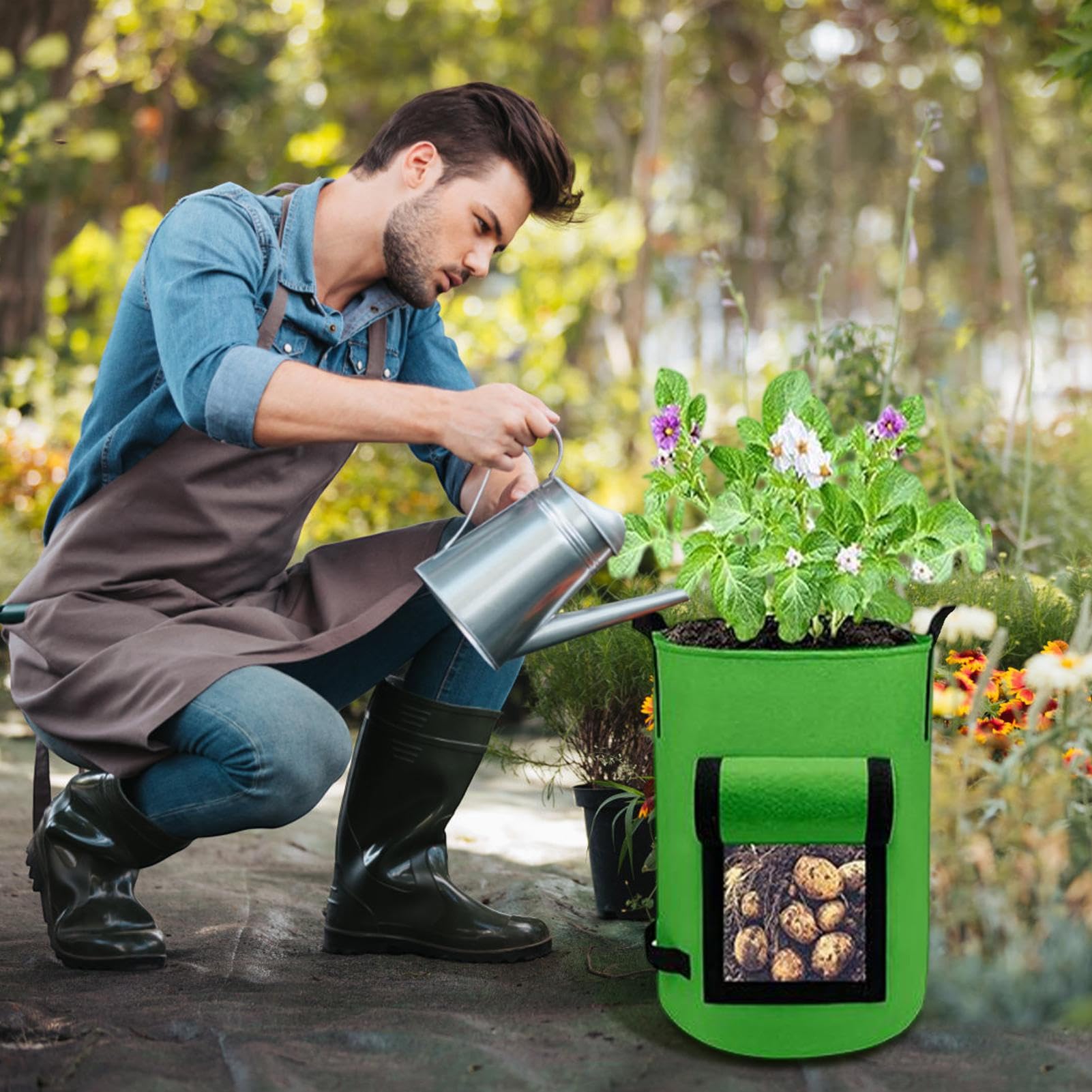 Sacos de Cultivo de Patatas Macetas de Tela para Vivero | 4 piezas contenedores tela cultivo con ventana y asa Zanahorias Cebollas Ajos Rábanos Taro Tomates Jardinería Vivero
