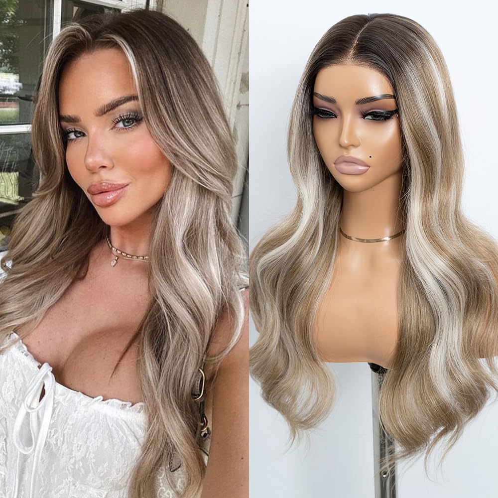STYLE ICON Perruque blonde longue et ondulée pour femme, 66 cm, raie au milieu, bord en dentelle avec racines foncées, synthétique, sans colle, prête à porter