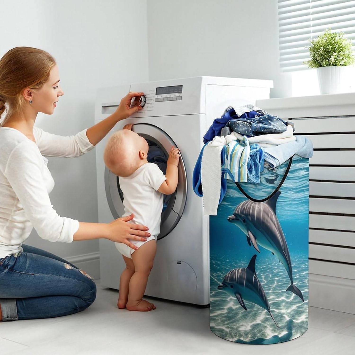 Dolphins Underwater Laundry Hamper Large Collapsible Laundry Basket with Handles Waterproof Clothes Hamper Portable Dirty Clothes Basket for Bedroom Laundry Room Closet Bathroom