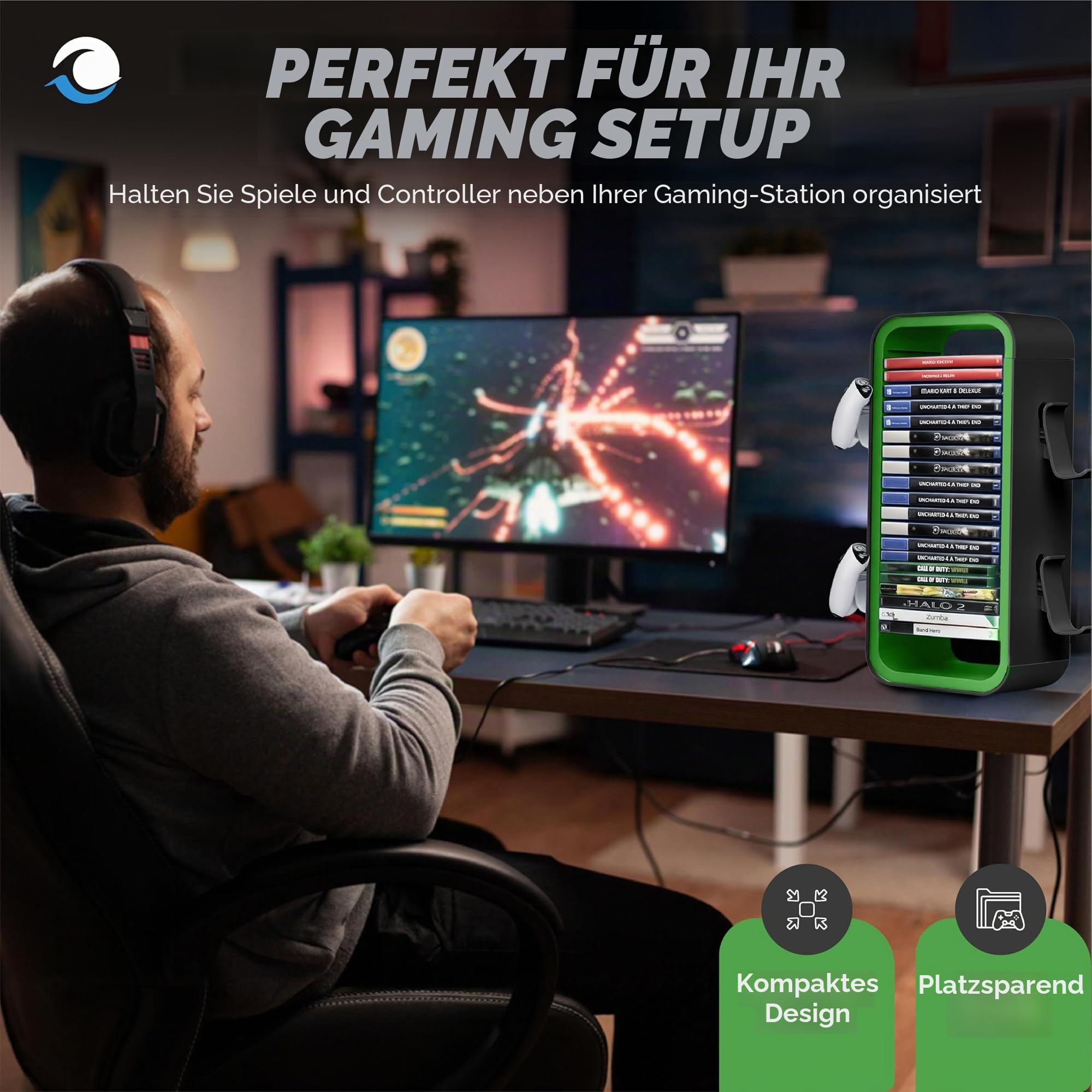 Universal Games Storage Tower Pro - Bis zu 18 Spiele - Mit Controller Halterung für bis zu 4 Gamepads - Gaming Zubehör für PS5, PS4, PS3, Xbox X/S/One, Switch, Switch OLED, Blue Ray, DVD