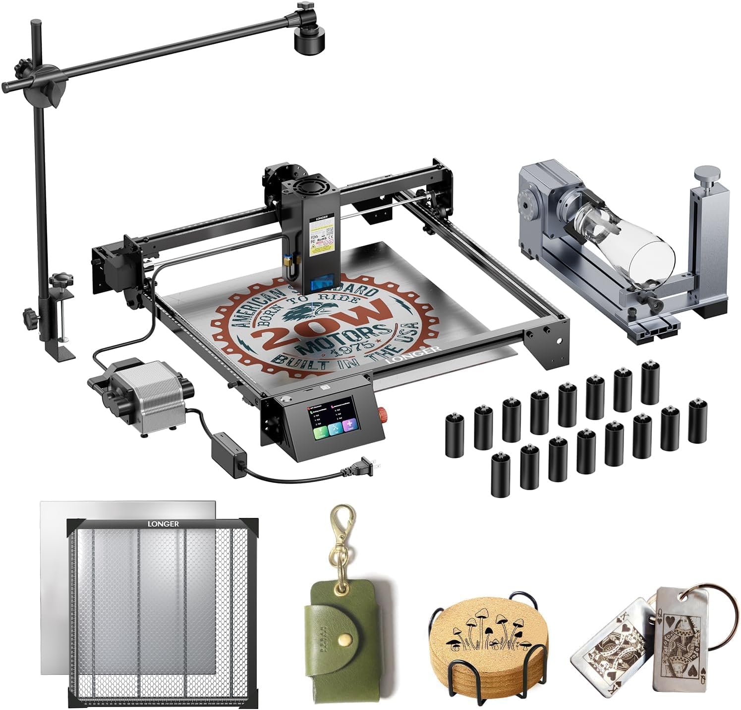 RAY5 20000mW Laser Engraver with Air Assist Kit, Rotary Roller, 16 Pcs Raiser, Camera Kits and Honeycomb Panel 440 * 440mm, DIY, Cutting Tool for Metal Coloring、Acrylic、Wood. Class 4