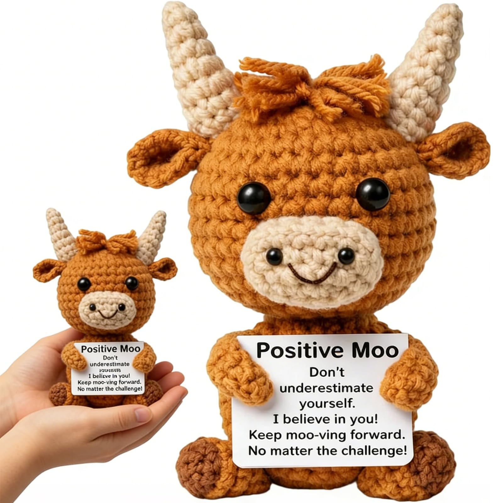 Highland Cow Gifts for Women - Handmade Scottish Highlander Cow Plush Toy with Positivity Card, Positive Crochet Animals for Emotional Support, Desk Decoration Companion, for Friends Women Family