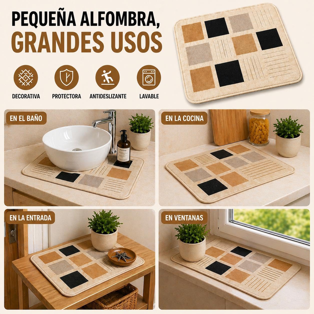 Tapis de cuisine lavable antidérapant - Lot de 2 tapis de cuisine et 2 chiffons en microfibre - Design effet lin - Résistant aux liquides (150 x 45 et 50 x 45 cm)