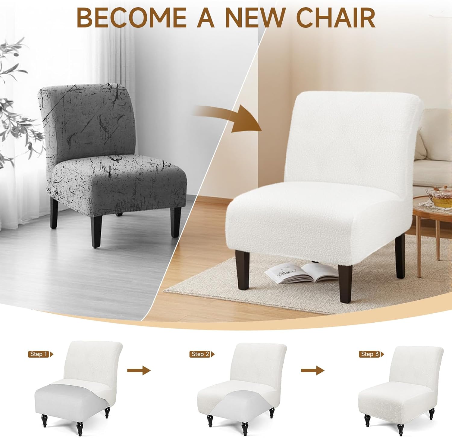 Teddy Wool Armless Accent Chair Cover Heavy-duty Soft Plush Armless Chair Slipcover Accent Chairs Covers without Arms Warm Fuzzy Slipper Chairs Slipcover for Living Room/Bedroom/Hotel Décor (White, 2)