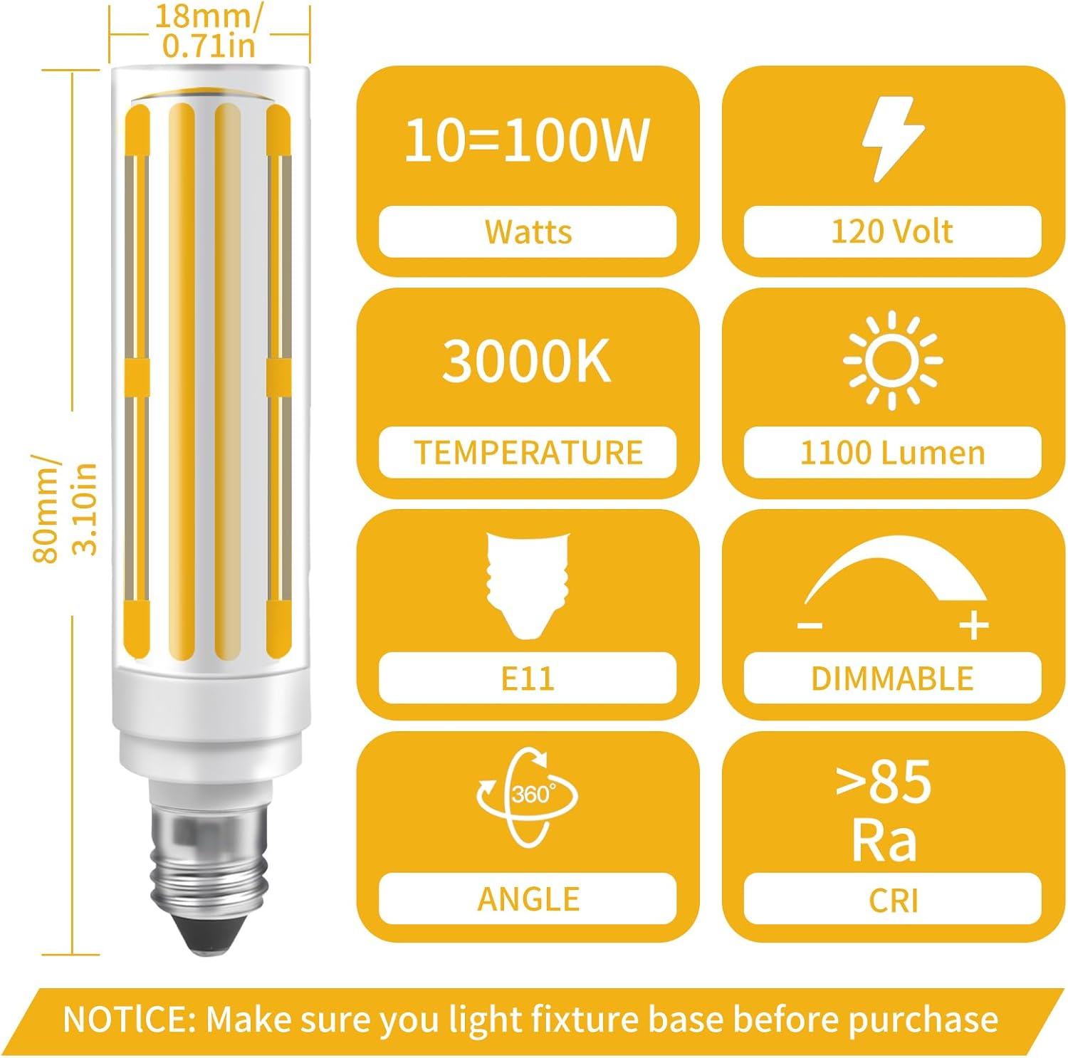 ZHENMING Dimmable JDE11 Led Bulbs 120V 100W Halogen Candelabra Bulbs Equivalent,COB LED T6 Mini Candelabra Base JD E11 Bulb, 3000K Warm White 10W 1100lm E11 for Chandeliers,Ceiling Fan,4Pcs
