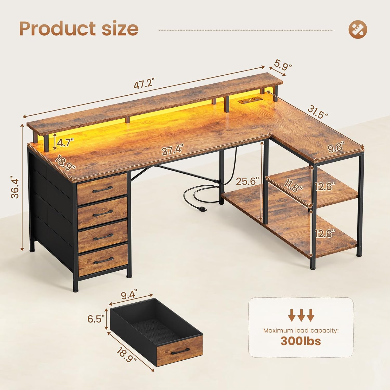 SEDETA L Shaped Desk with 4 Drawers and Storage Shelves, L Shaped Gaming Desk with LED Lights & Power Outlets, Computer Desk with Shelves & Drawer, Corner Desk Home Office Desk, Rustic Brown - Image 3