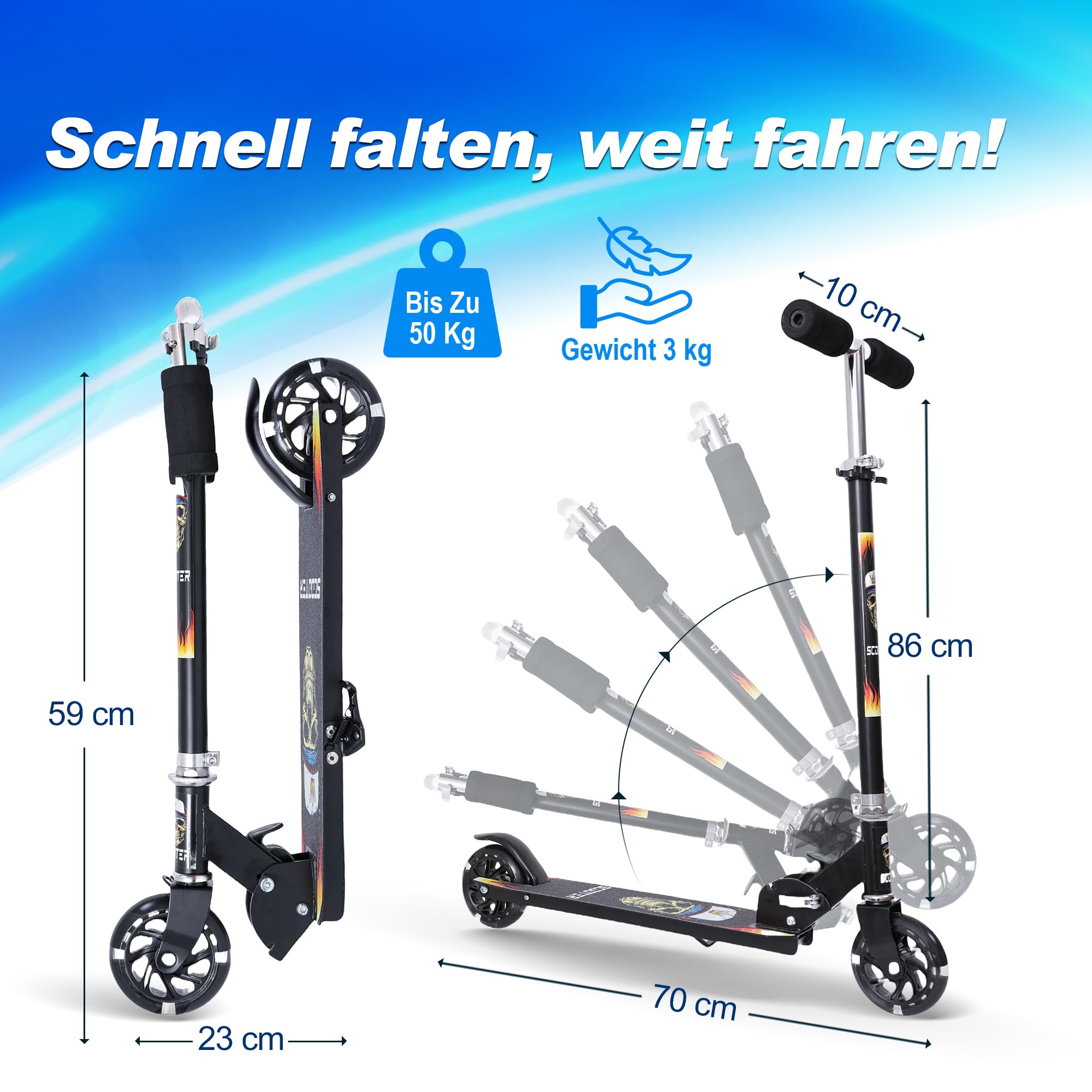 Habib Kinderroller – Mitwachsender Tretroller & Scooter mit LED Rädern, Klappbar, 4 Stufen Höhenverstellbar für Kinder 3-10 Jahre, Jungen & Mädchen