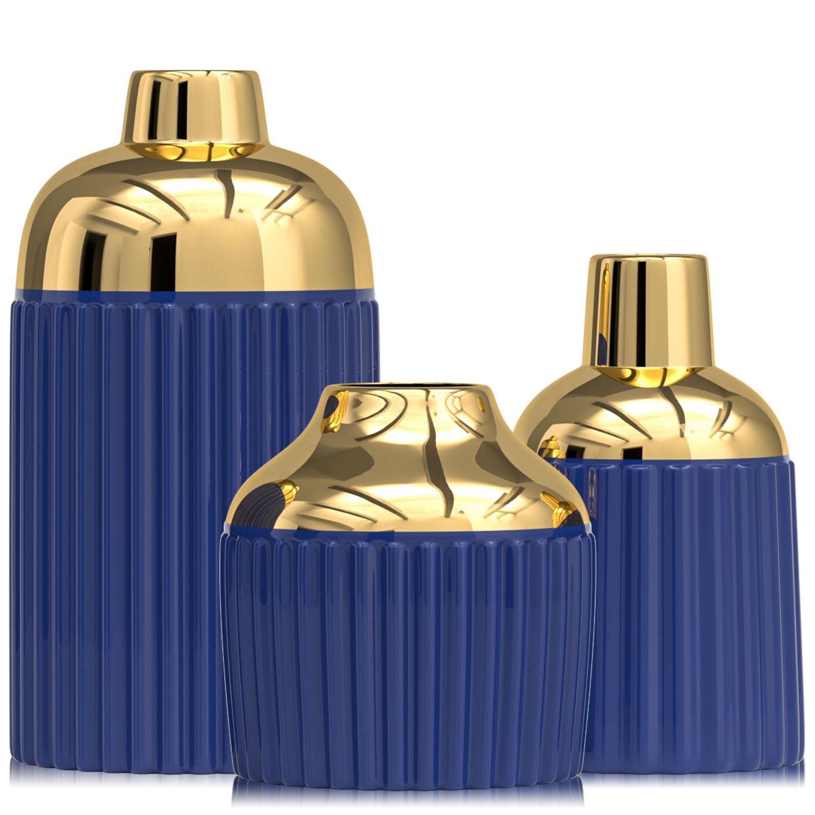 Juego de 3 jarrones de cerámica Dorada para decoración del hogar — Jarrones Decorativos Modernos para Flores, Hierba de la Pampa y eucalipto (Azul)
