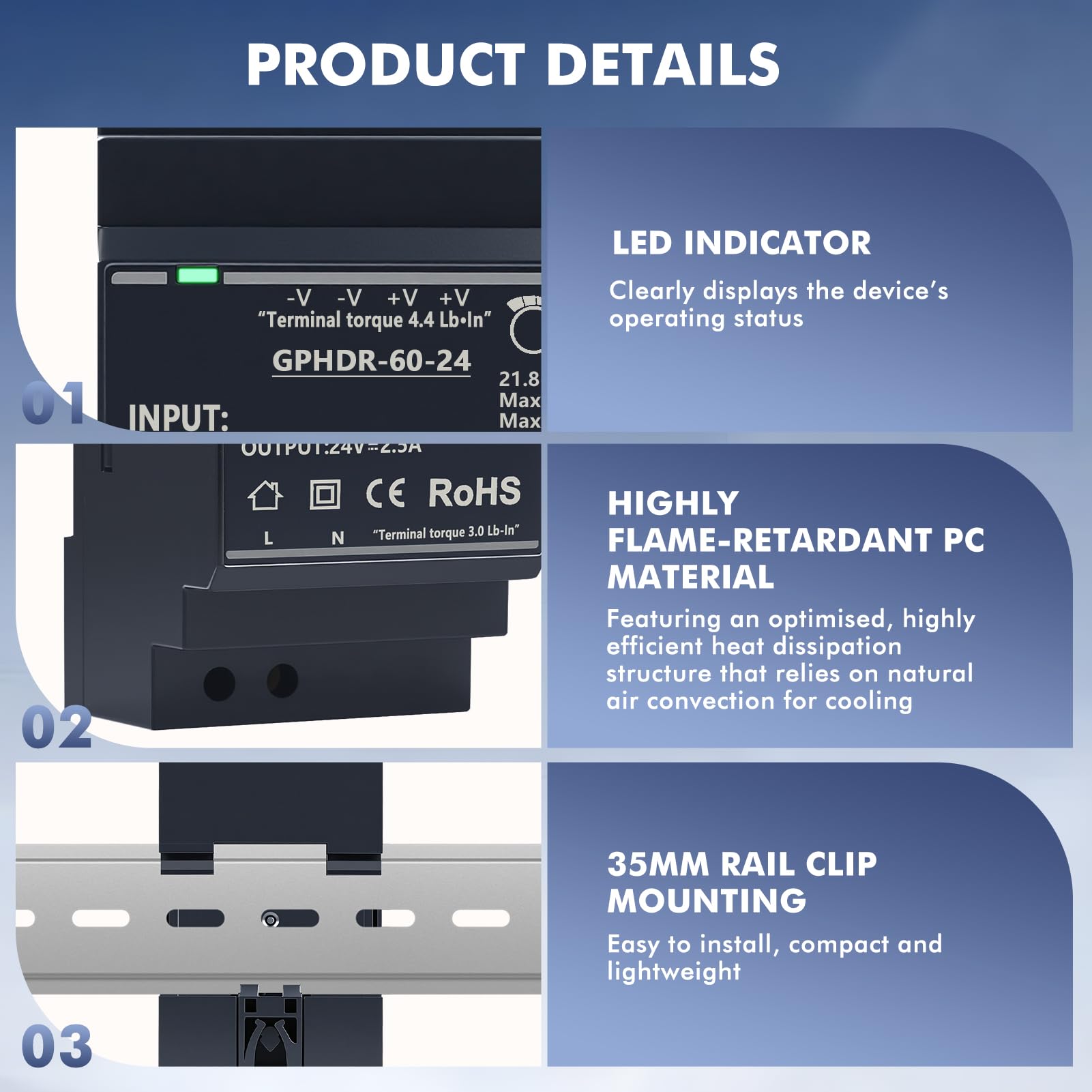 Fuente de alimentacion carril DIN 24V 2.5A 60W transformador DIN Rail Entrada AC100-240V Salida DC 24V fuente de alimentación para riel DIN Apto para automatización industrial GPHDR-60-24