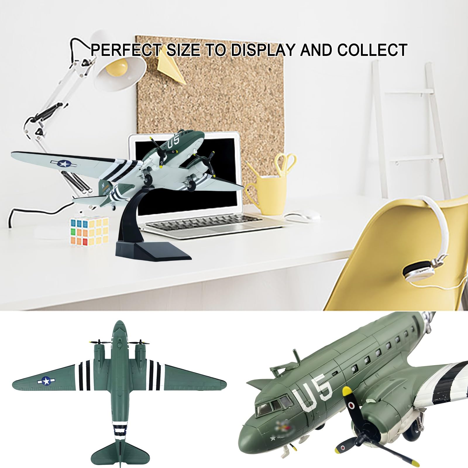 Modello aereo trasporto C-47 in scala 1:100 - Warbird militare in lega con espositore, puntelli rotanti Ruote Decorazione da scrivania for collezionisti, appassionati aviazione, ufficio
