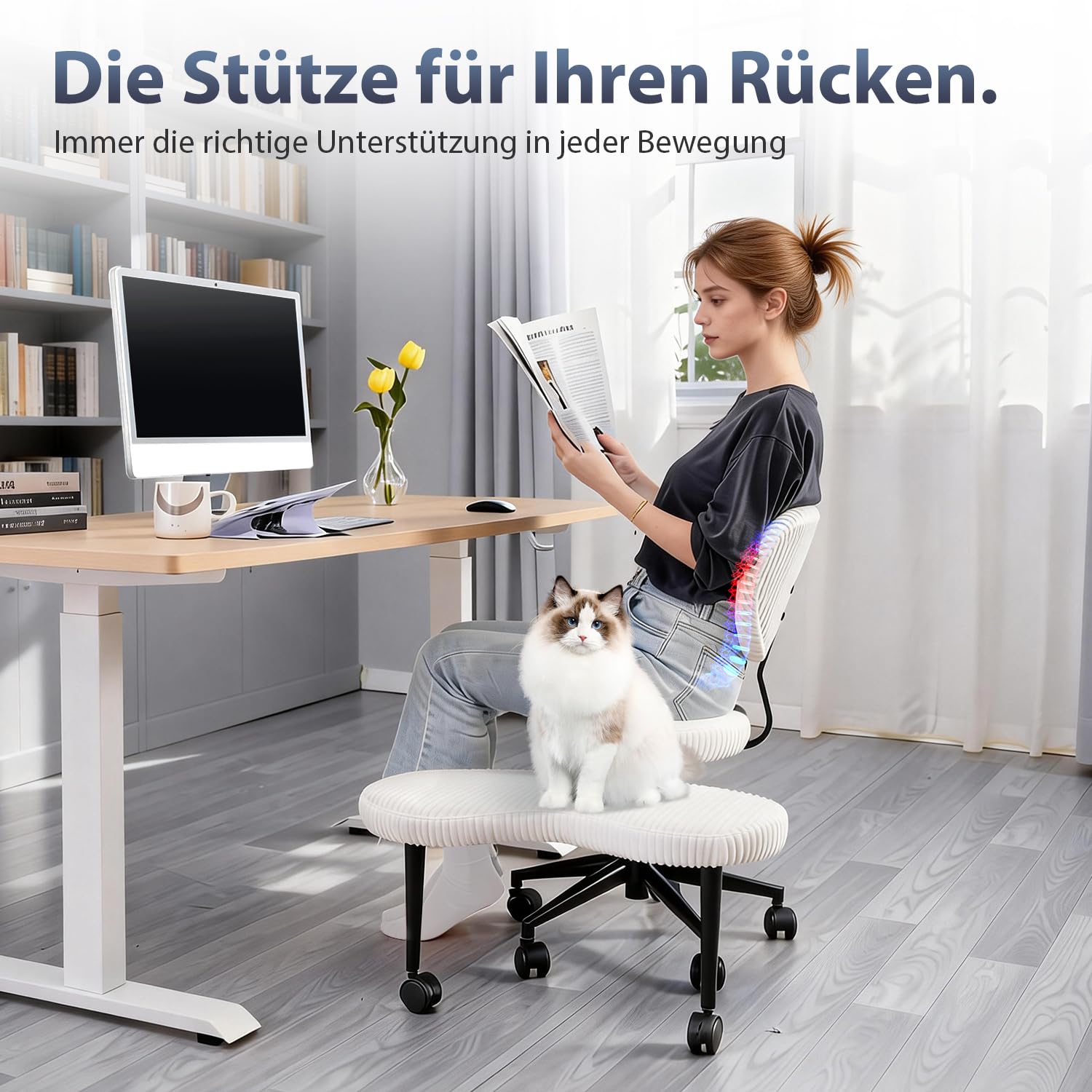 Kniestuhl mit gekreuzten Beinen, ergonomischer Schreibtischstuhl mit Verstellbarer Höhe, Meditationsstuhl für ADHS-Betroffene, gepolsterter Computerstuhl für Zuhause/Büro, Cordweiß