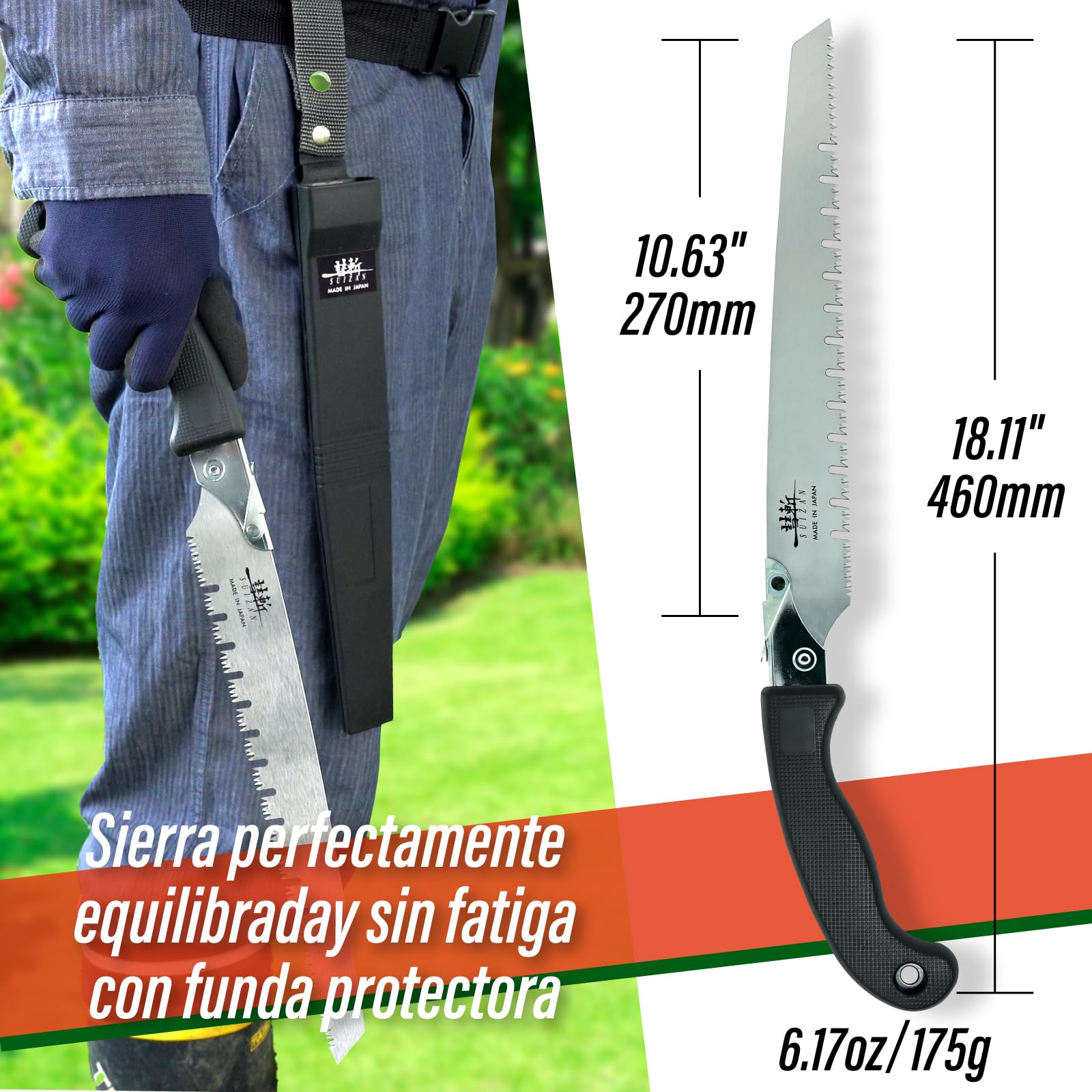 SUIZAN Serrucho de Poda 270mm con Hoja con Canal de Desahogo - Sierra Manual Japonesa Profesional de Árboles Herramientas de Jardinería