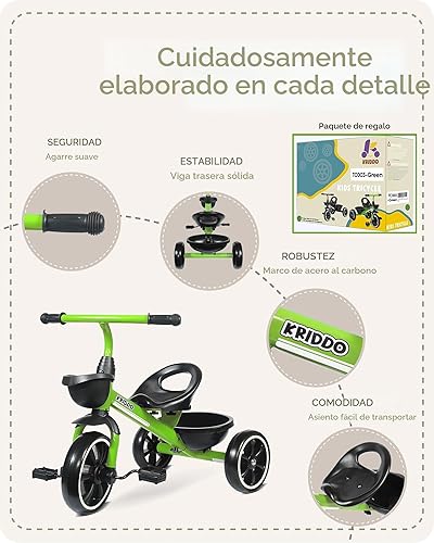 Miniatura 5 de KRIDDO Triciclos de 24 meses a 4 años, triciclo para niños pequeños de 2.5 a 5 años, regalo para niños de 2 a 4 años, color verde