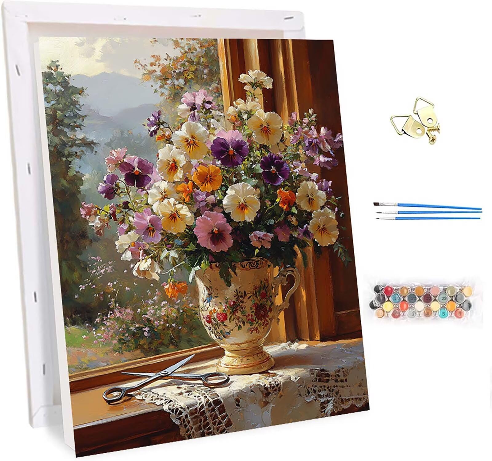 Blume Malen Nach Zahlen Erwachsene mit Rahmen, Malen Nach Zahlen Pflanzen, DIY Bastelset Erwachsene, Handgemalt Ölgemälde Kit mit 3 Pinseln und Acrylfarbe, Deko Wohnzimmer Geschenke 60x70cm 4-5817