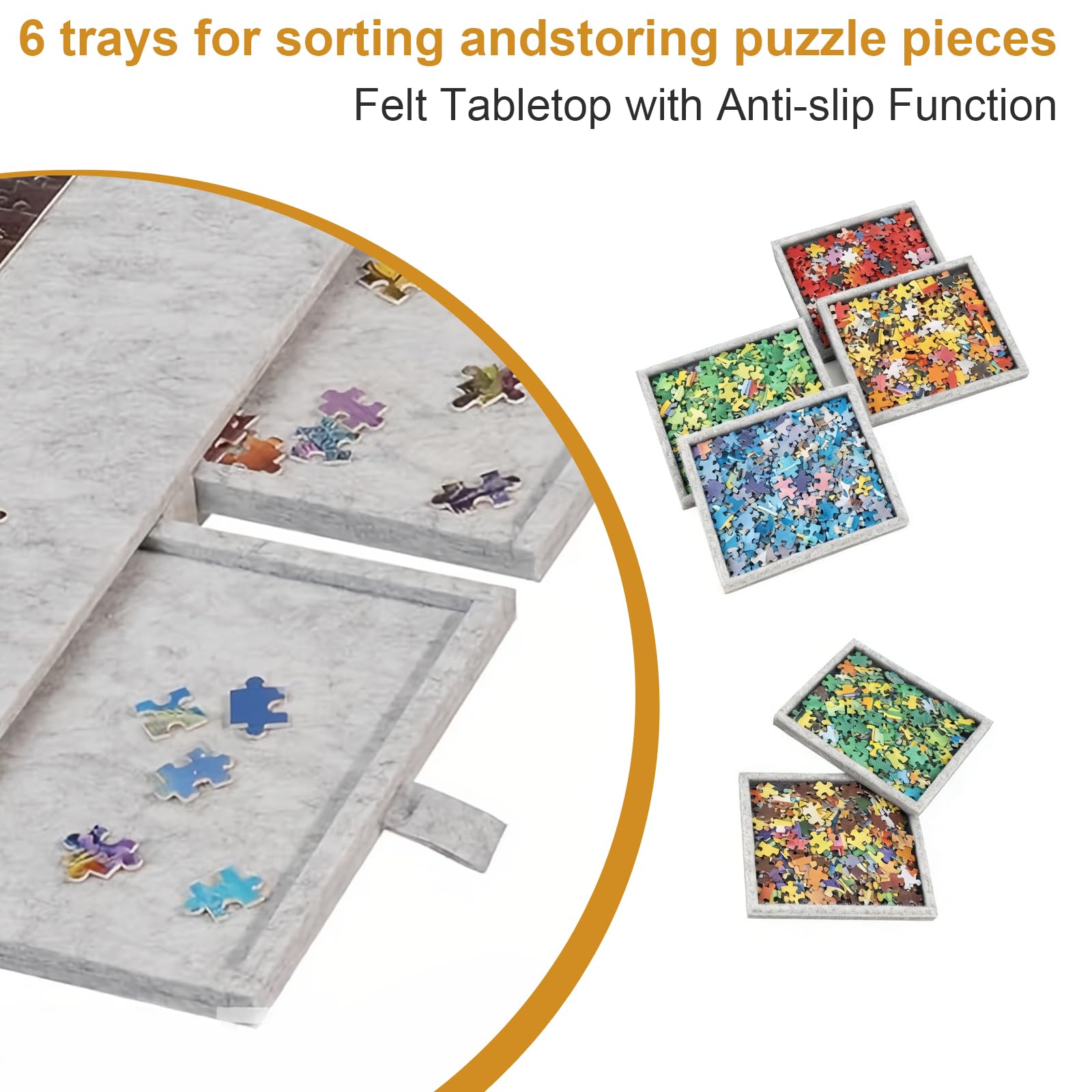 Tapis Puzzle Feutre 1000 pièces, Portable Plateau à Puzzle Portable avec 6 Tiroirs et Couvercle, Accessoires de Puzzle pour Adultes et Enfants, Gris Clair