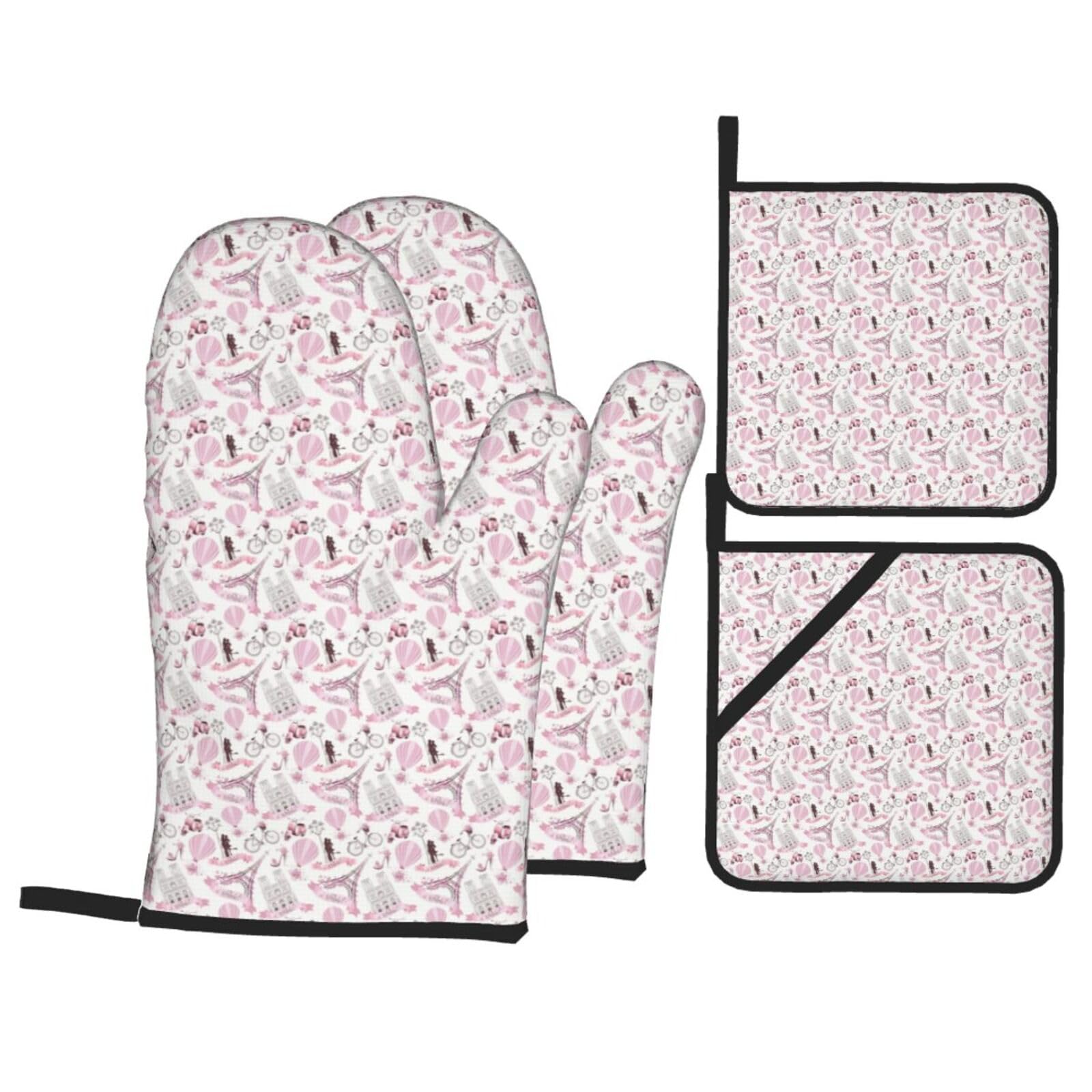 Romantic Paris Butterfly Print Stylish Heat-Resistant Oven 4-Piece Set Kitchen Gloves Roasting Daily Cooking