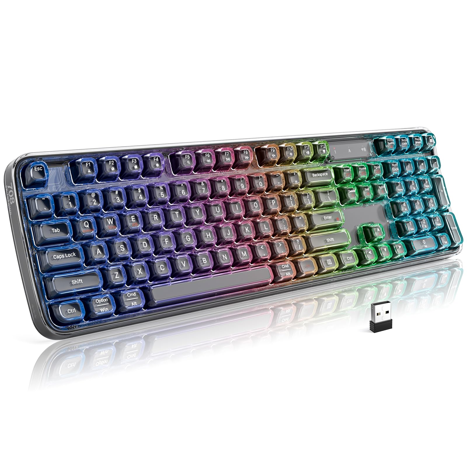 Clear Wireless Keyboard, Tri-Mode Bluetooth/2.4G Rechargeable Keyboard with RGB Backlit, Ergonomic Computer Keyboard with Transparent Keycaps for PC Laptop Desktop Home Office-Black Pearl-image-7