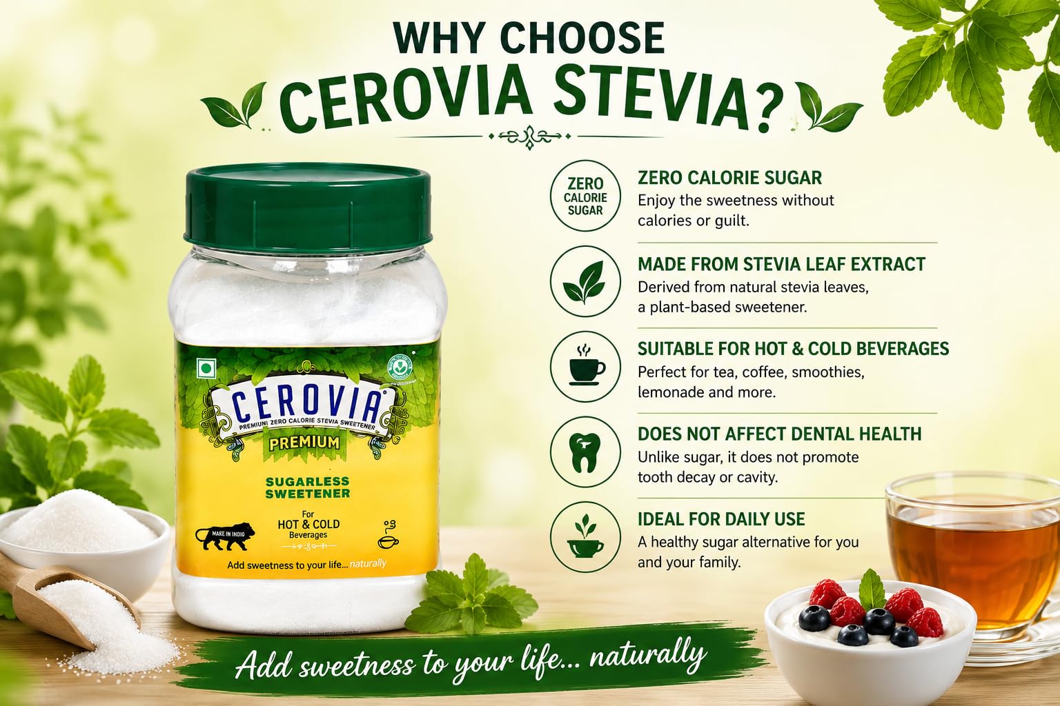 Cerovia Stevia Sweetener, Sugar free, Natural Sugar Substitute, Zero calories (100gm) 2