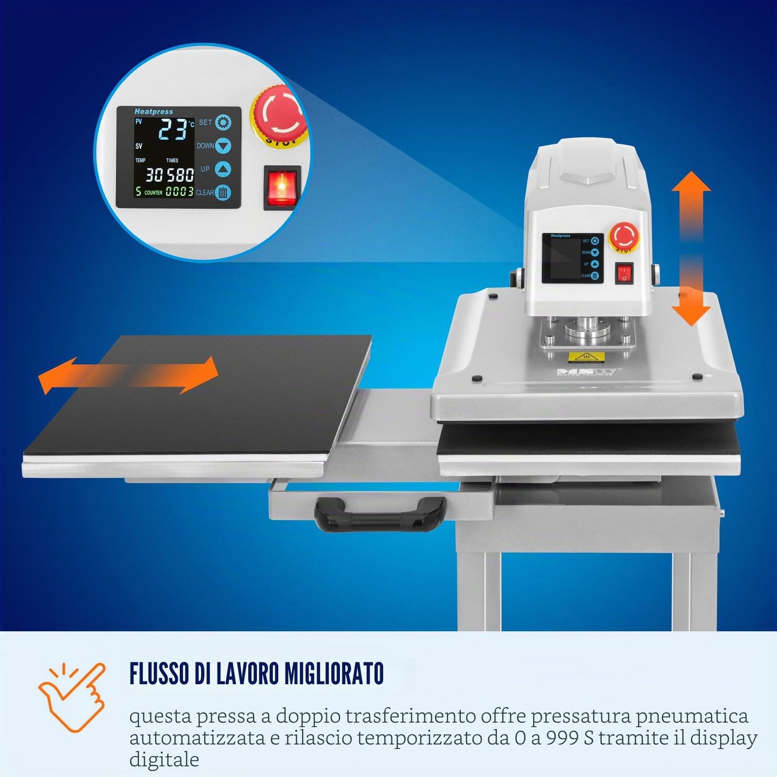 MSW Termopressa pneumatica Doppia 40 x 50 cm con Base Termopressa per Cappellini Pressa a Caldo per Magliette Termopressa pneumatica