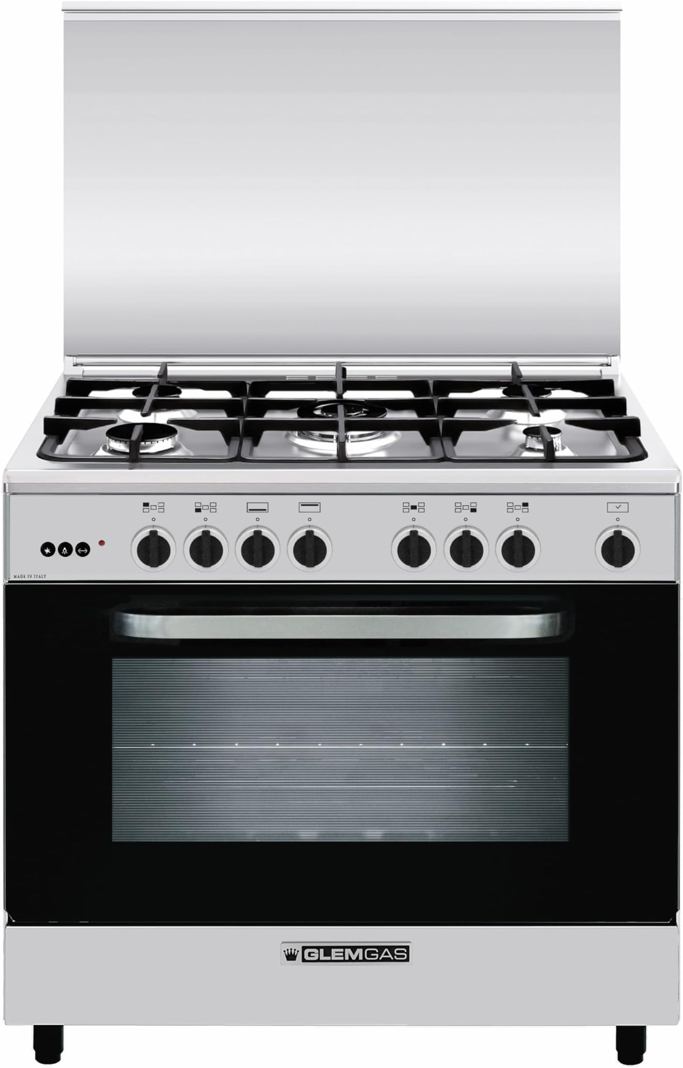 GLEMGAS Freestanding Gas Cooker 90X60 with 5 Burner Full Safety,Cast Iron Pan Support, Maxi Gas Oven103L with FAN, High-Efficiency Sealed Cavity, Easy 2 Clean,Crystal lid MADE IN ITALY - AL9612RI-FSCD