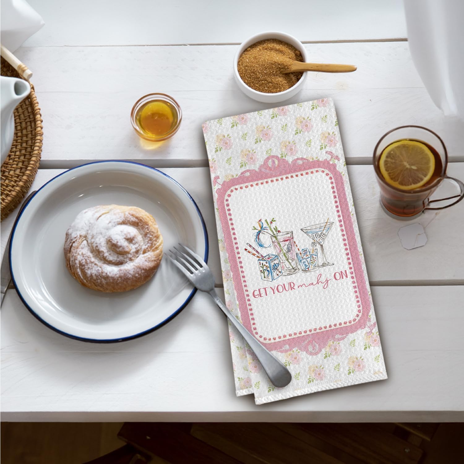 Pink Floral Mahjong Cocktail Kitchen Towels, Cocktail Lovers Gifts Dish Tea Towels for Kitchen, Grandmillennial Flower Mah Jong Decorative Hand Towel for Bar Pub, 16x24 Inch - Image 2