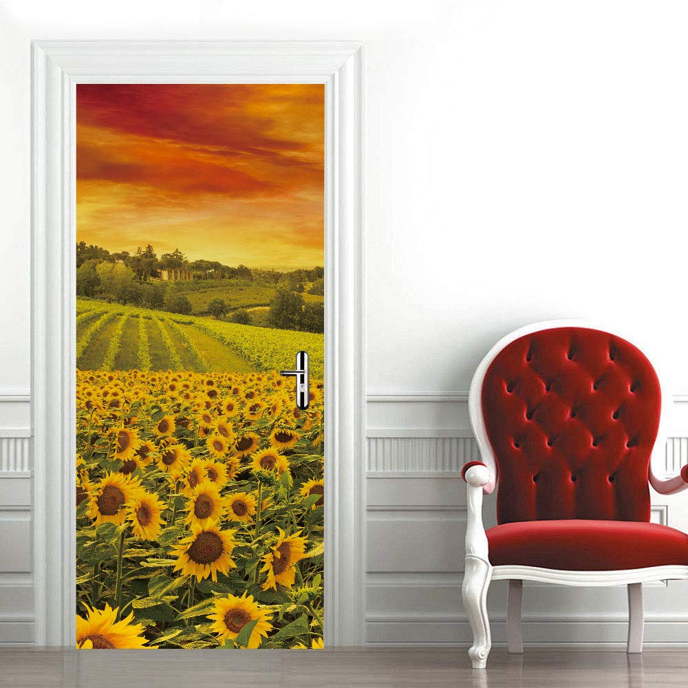 Stickers muraux porte 3D vinyle trompe l'œil adhésif papier peint décoratif tournesol