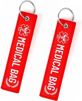 2pcs Medical Alert Tags for Bags, Double-Sided Medical Equipment Device Luggage ID Tag Keychain Label for Keys Wallet Backpack Suitcase Red