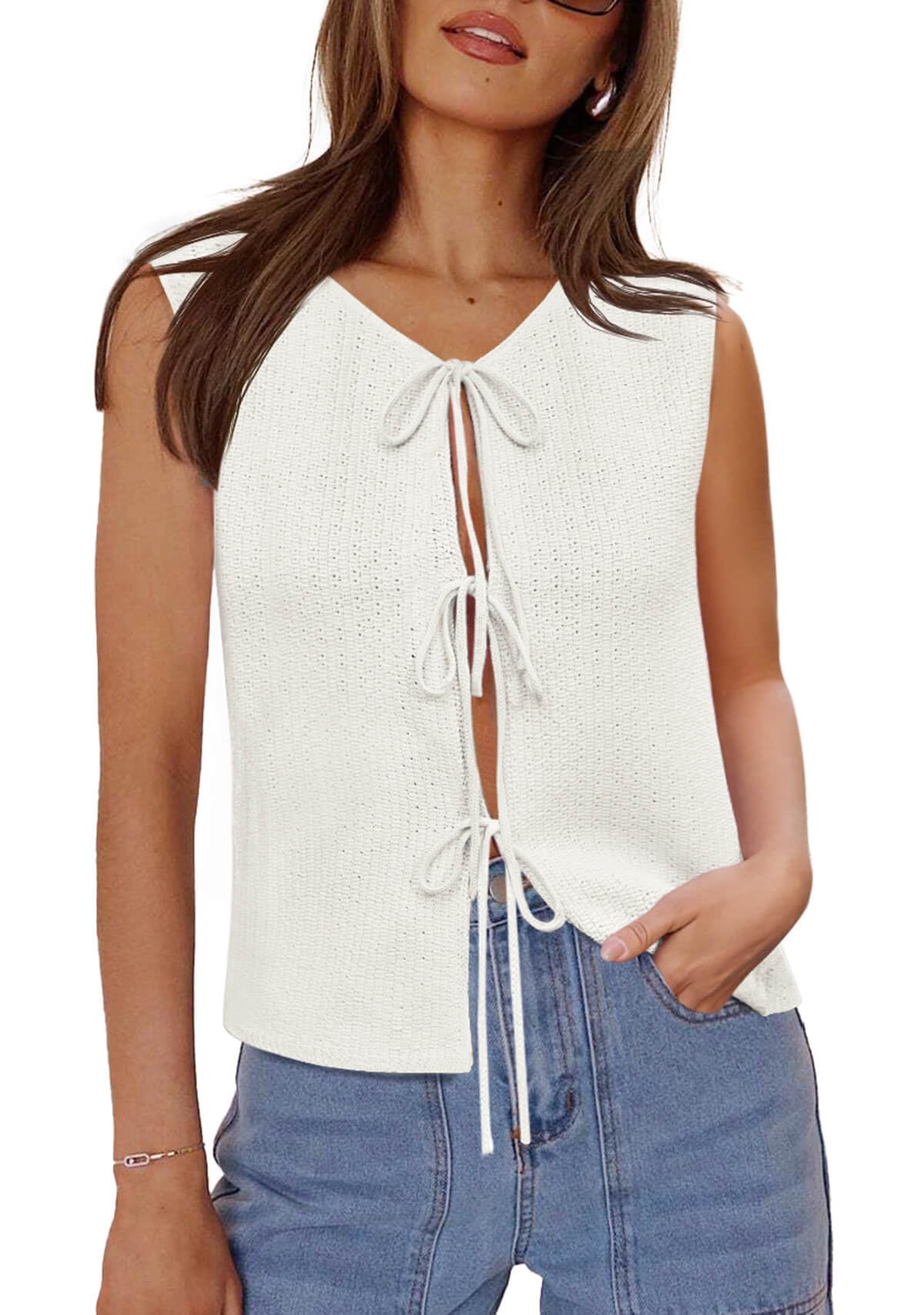yousify Women’s Tie Front Sweater Vest 2025 Sleeveless Crochet Knit Summer Y2K Going Out Tops-picture-15