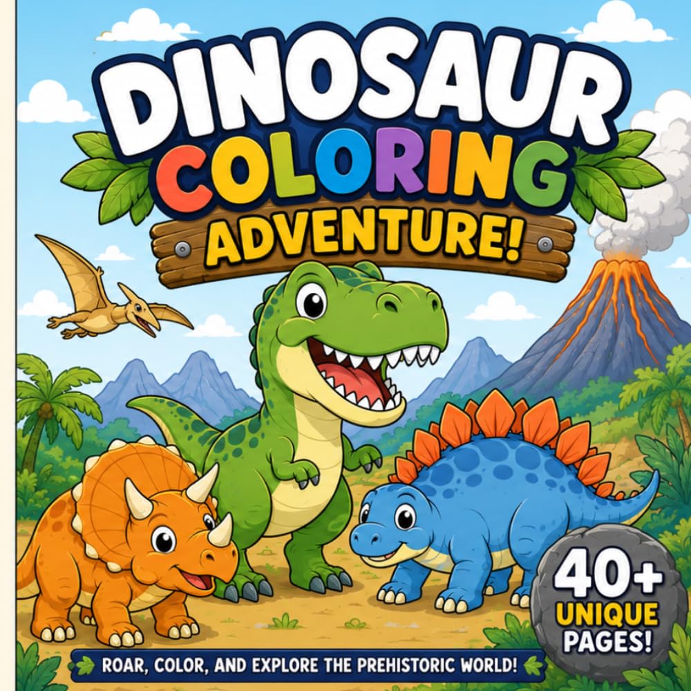 Dinosaur Coloring Book for Kids Ages 4–8: 40 Fun and Easy Prehistoric Pictures with T. Rex, Triceratops, Stegosaurus, Baby Dinosaurs, Volcanoes, and More