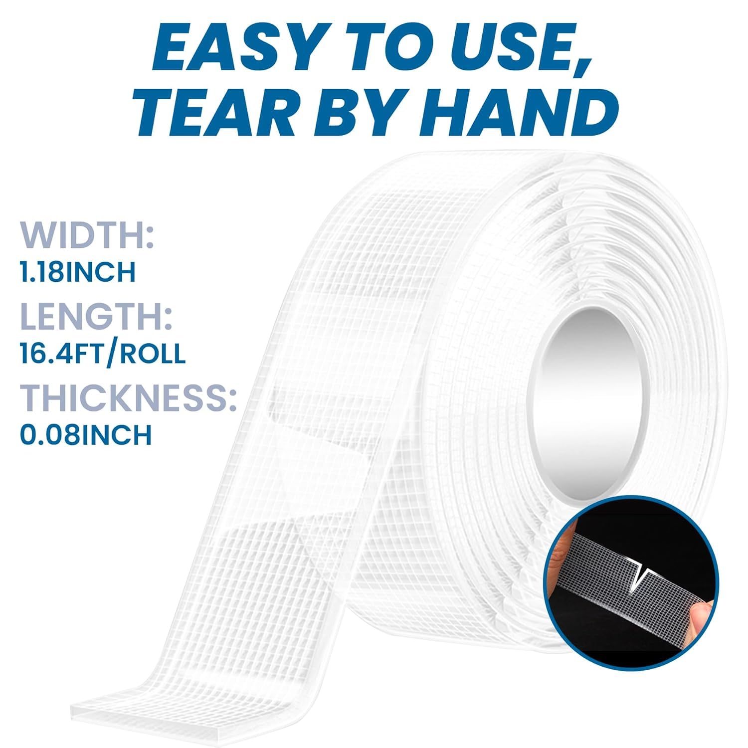 TAPEBEAR 6Rolls Nano Tape Tear by Hand, Double Sided Mounting Tape 1.18" x 16.4Ft, 0.08" Thick, Reusable Clear Gel Wall Sticky Strips, Traceless, Washable for Hanging Picture, Poster, Carpet
