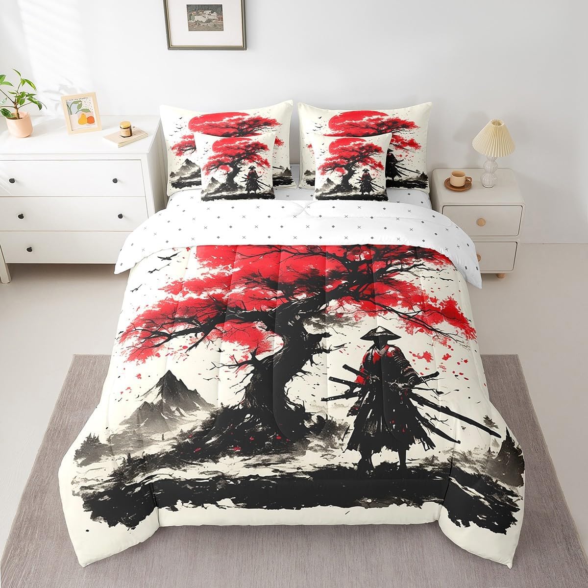 Erosebridal 7 Piece Japanese Style Bedding Comforter Sets Full Samurai Bed in A Bag for Boys Kids Teen Men,Ink Painting Sun Cherry Blossom Comforter Set Red Black Sheet Set with Comforter