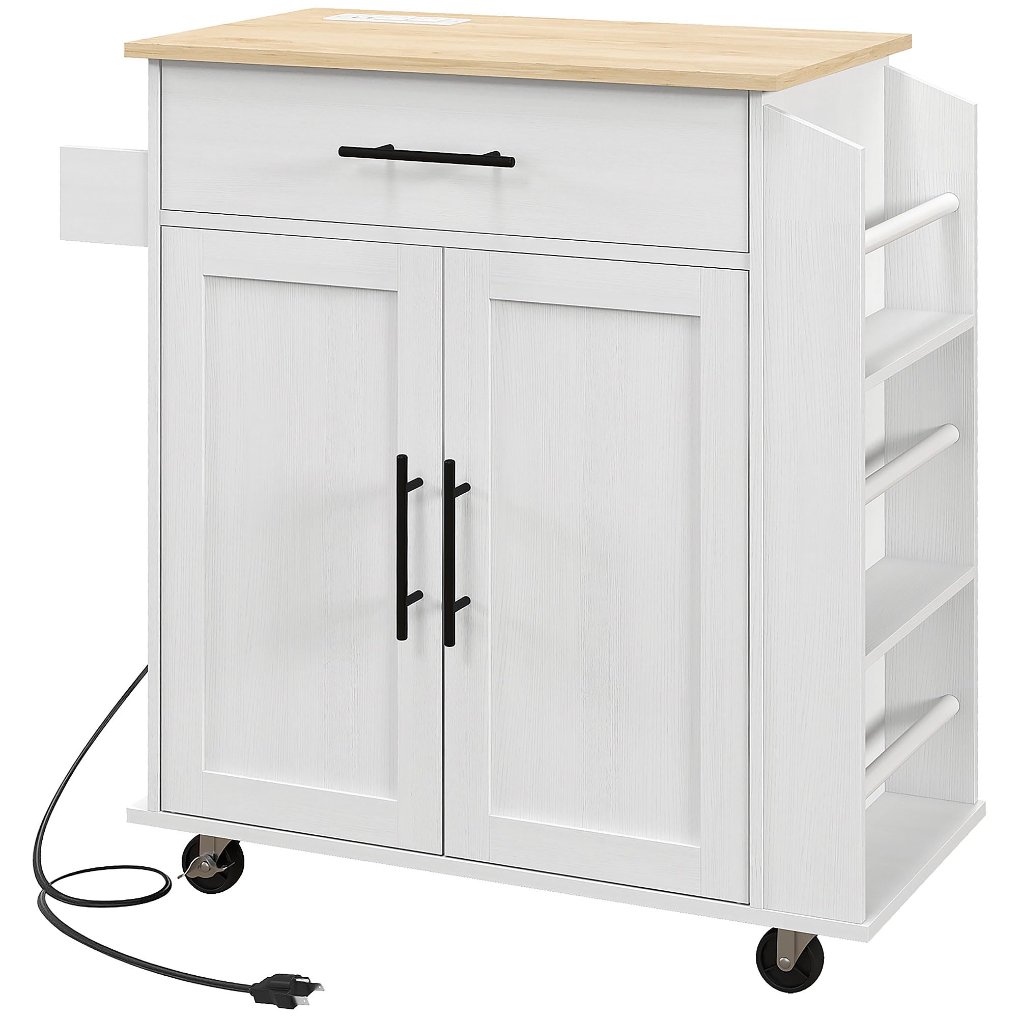 HOMCOM Kitchen Island with Storage, Rolling Kitchen Cart with AC Outlets and USB Ports, Microwave Stand with Towel and Spice Rack, White
