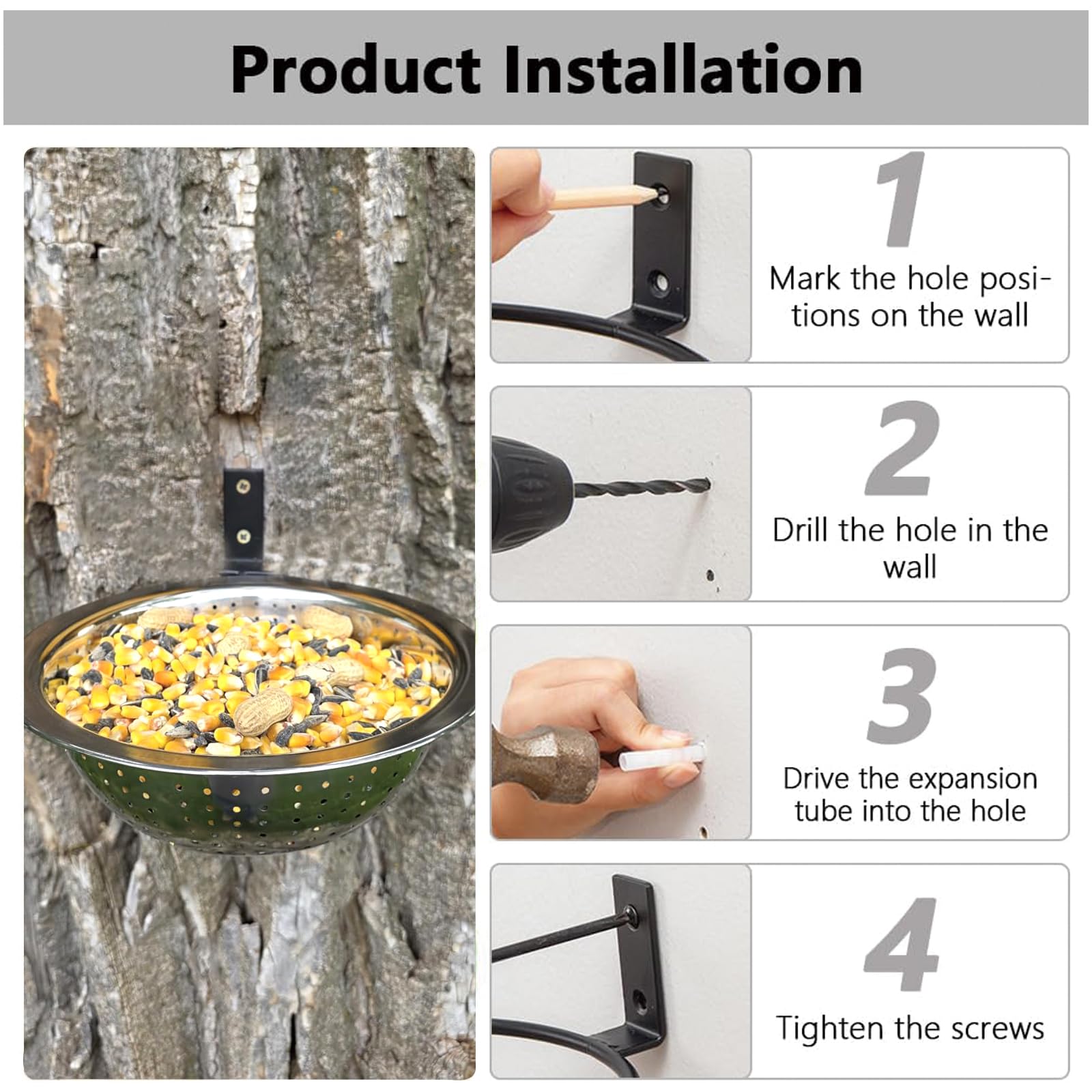 2 comederos de ardillas con colador de 8.5 pulgadas montado en árbol/valla, cuenco colador de acero inoxidable 304 extraíble, fácil de limpiar/rellenar, todos los comederos de ardillas de metal para