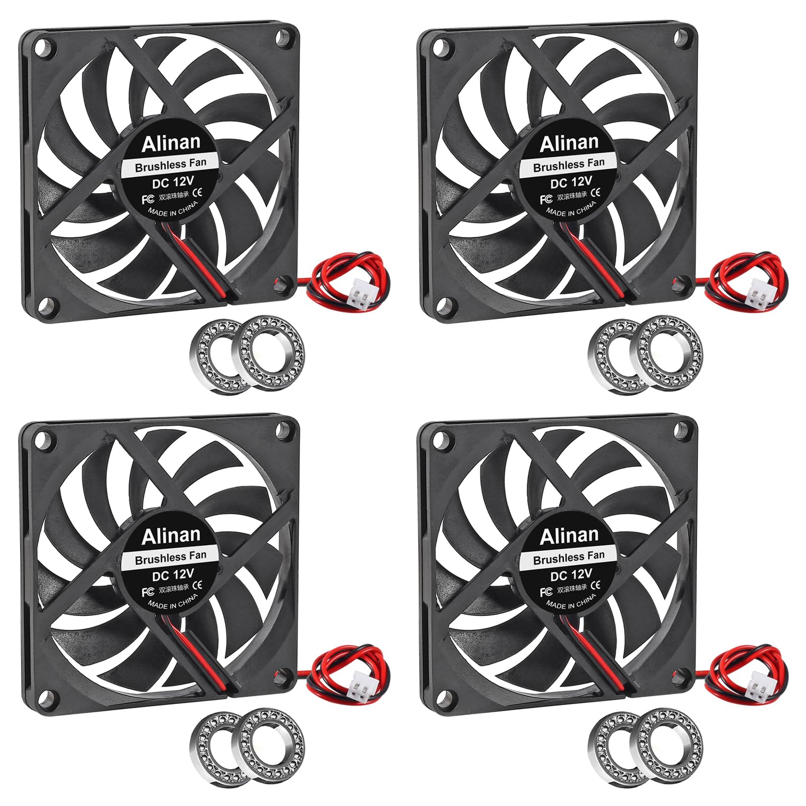 Alinan 4pcs 8010 80mm x 10mm 12V Dual Ball Bearings Brushless Fan 2Pin DC Cooling Exhaust Fan for Radiator DIY Air Exhaust Vent Cooling