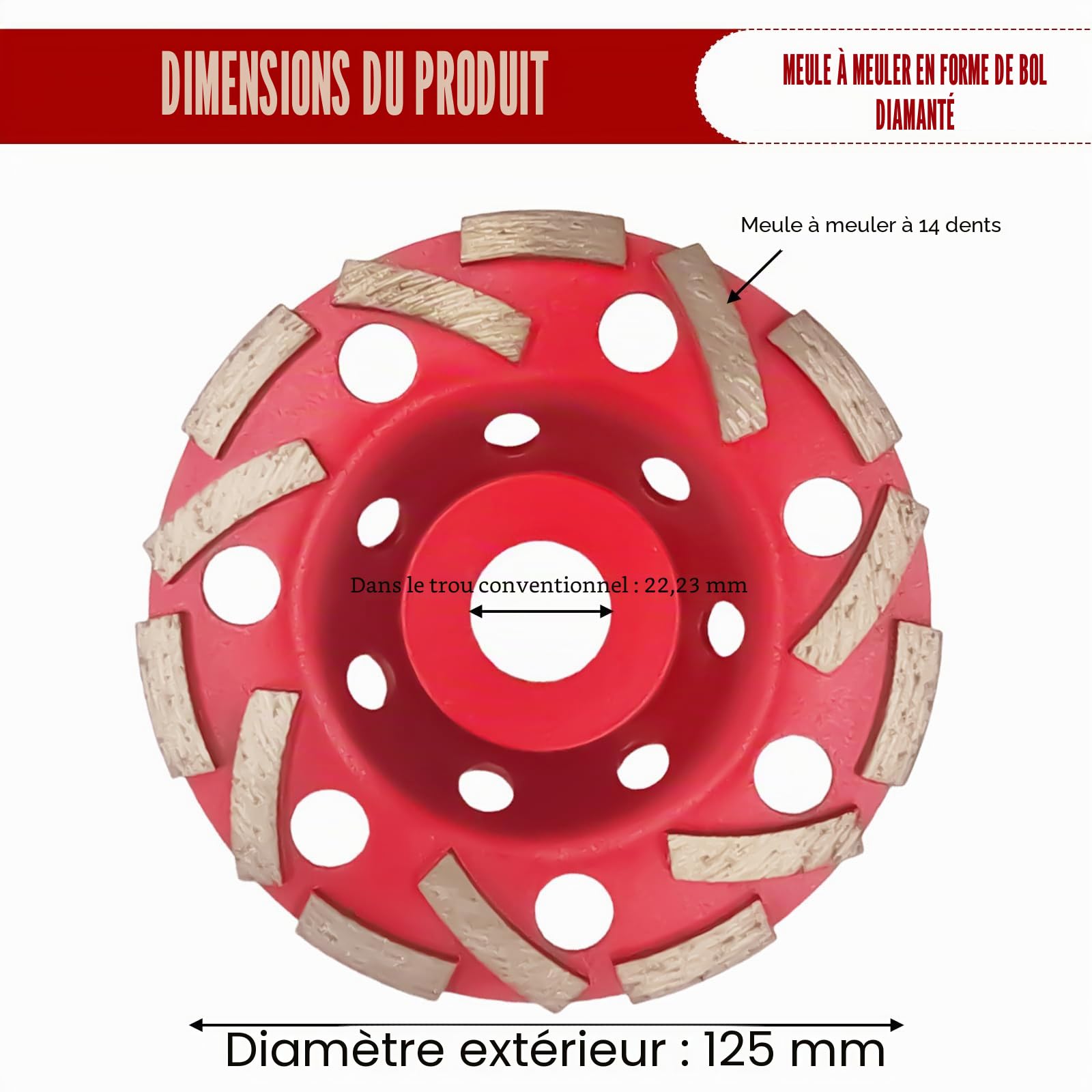 2 pcs Meules Diamantées 125 mm x 22,2 mm Double Rangée, Disques Diamant à Béton, Pierre, Granit, Maçonnerie, Compatible Meuleuse d’Angle pour Ponçage et Meulage Rouge