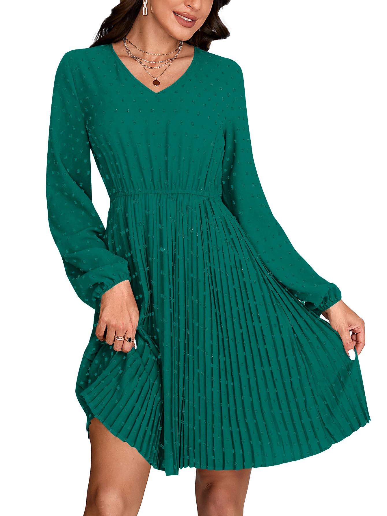 LYANERWomen's V Neck Pom Pom Elastic Waist Pleated Hem Long Sleeve A-Line Mini Dress