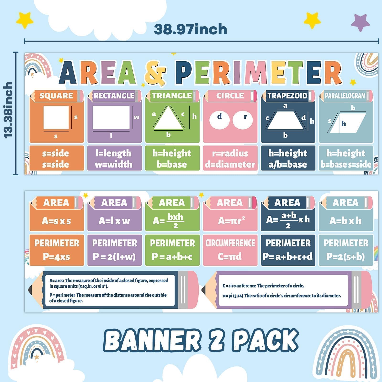 CHUNNIN Boho Rainbow Math Banner & Poster for Classroom Decor, 2 Pack, 13.4x39 Inches, Multi-colored, Boho Style, Math Classroom Banner for Elementary School - Image 2