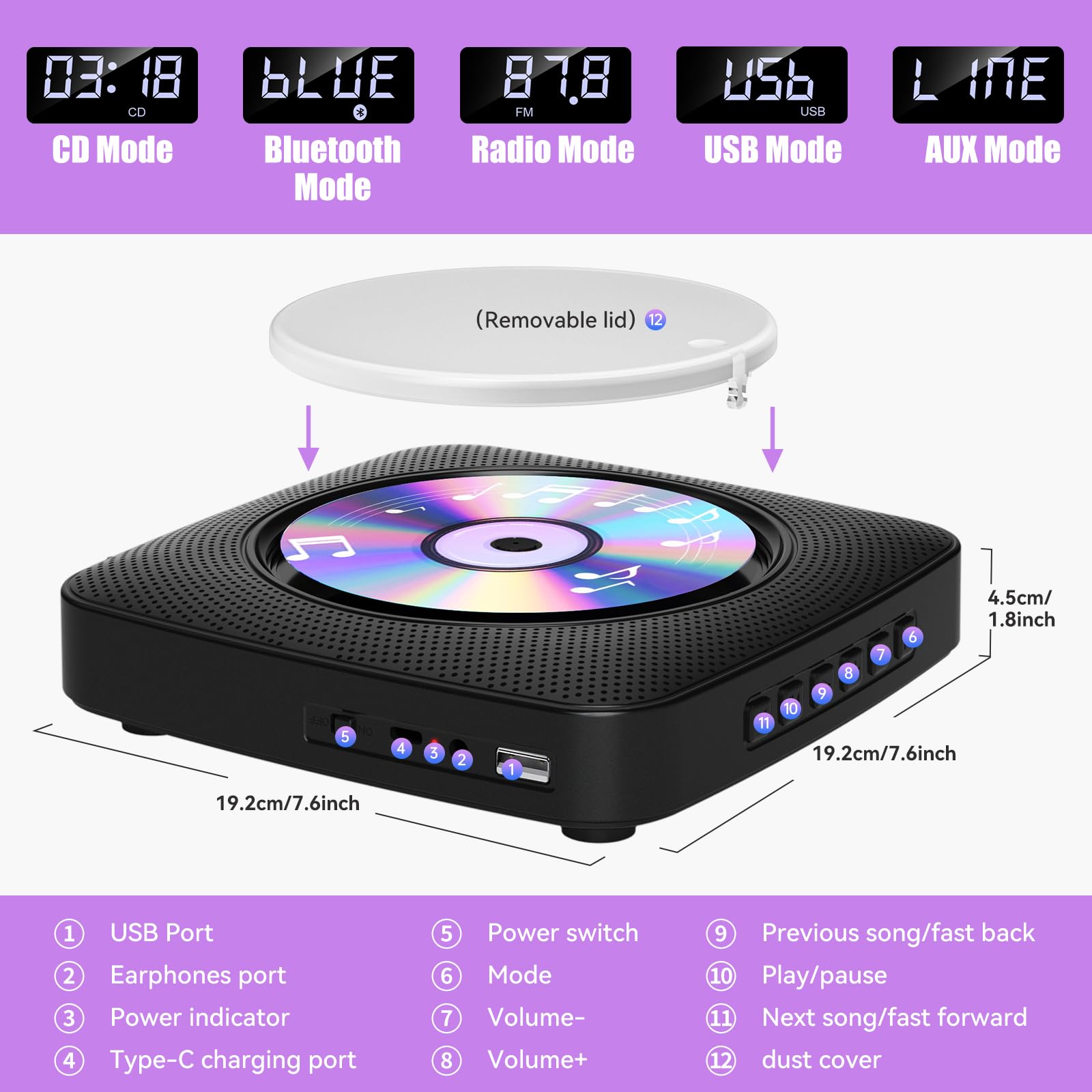 Lettore CD Portatile Bluetooth Ricaricabile 1800mAh Doppi Altoparlanti FM Radio USB AUX Nero