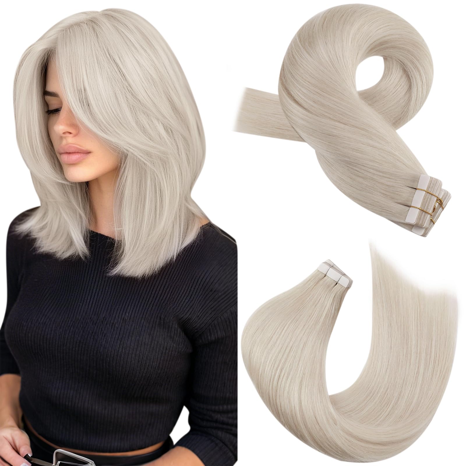 Moresoo Tape in Hair Extensions Human Hair White Blonde Real Hair Extensions Tape in Invisible 14 Inch for Women Thin Hair Adding Volume Silky Straight 20 Pieces/40g #60A