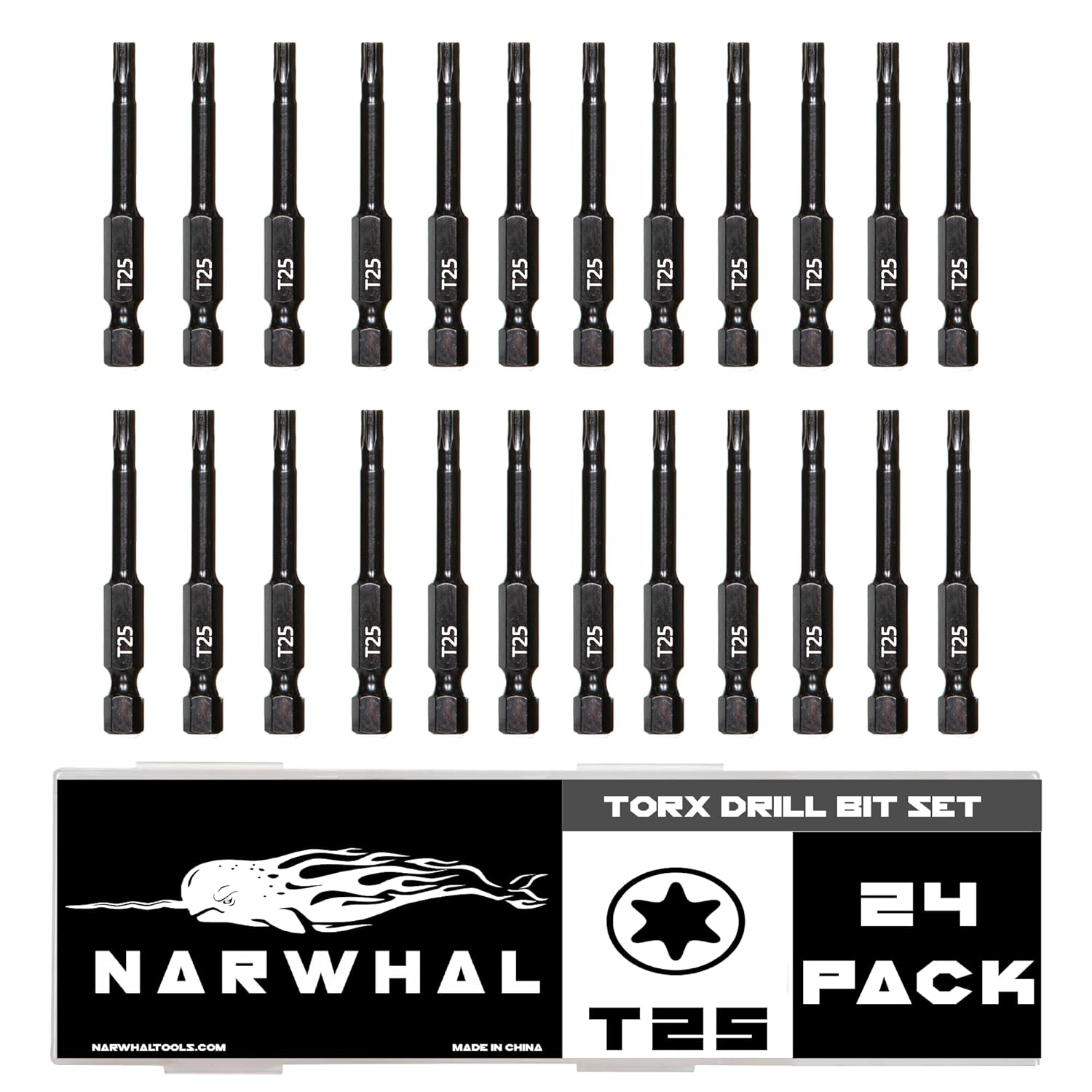 T25 Torx Bits (24 Pack - 2 Inch Impact Grade) 6 Point Torx Star Bit with Hex Shank - Hardened CRM Steel Alloy - Case Included