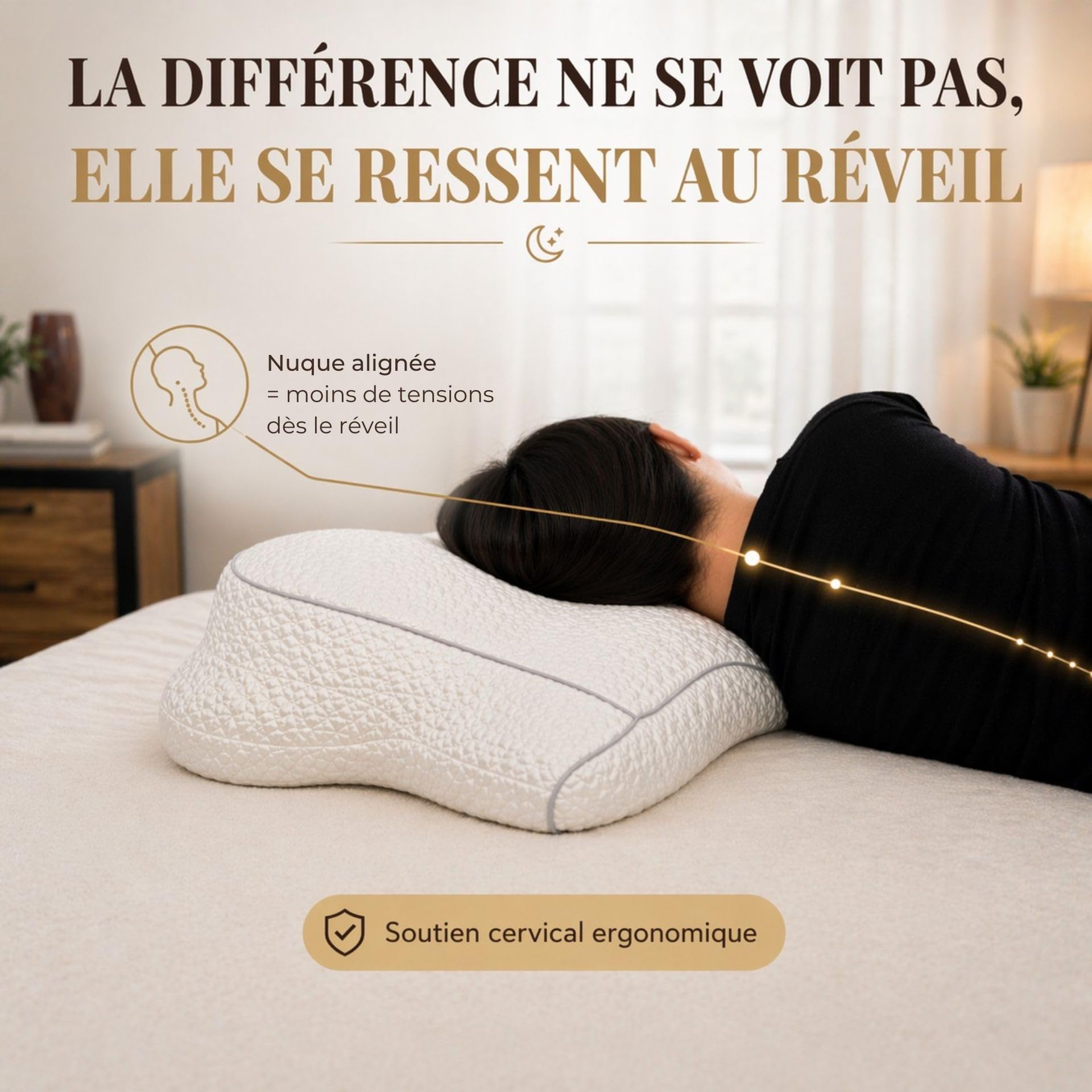 Oreiller Cervical Mémoire de Forme, confort et soutien de la nuque | Soulage les douleurs cervicales, dos et côté, Certifié Oeko-tex, pour des nuits récupératrices et un reveil sans tensions