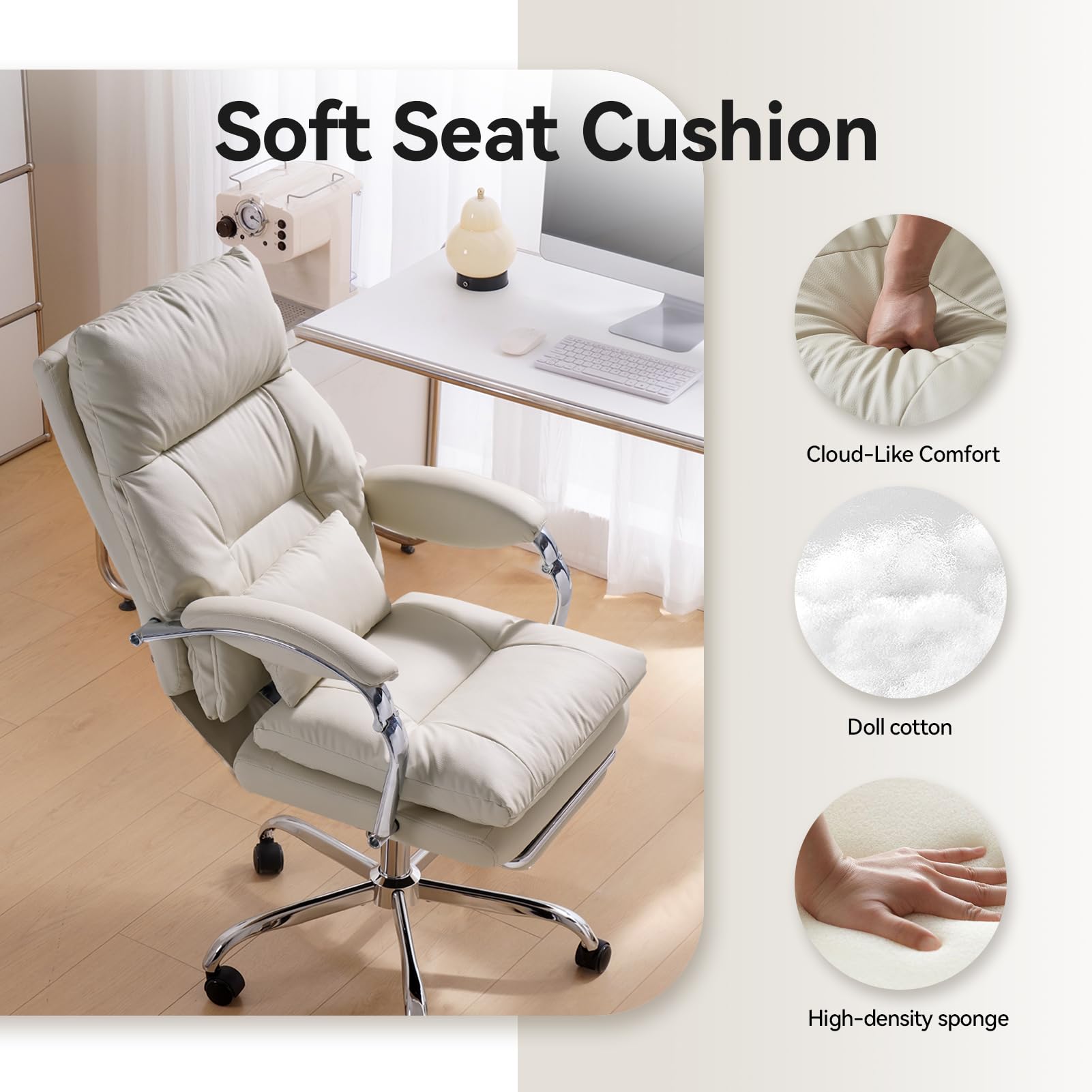 EMIAH Chaise de Bureau avec Repose-Pieds, Inclinable avec roulettes, Beige