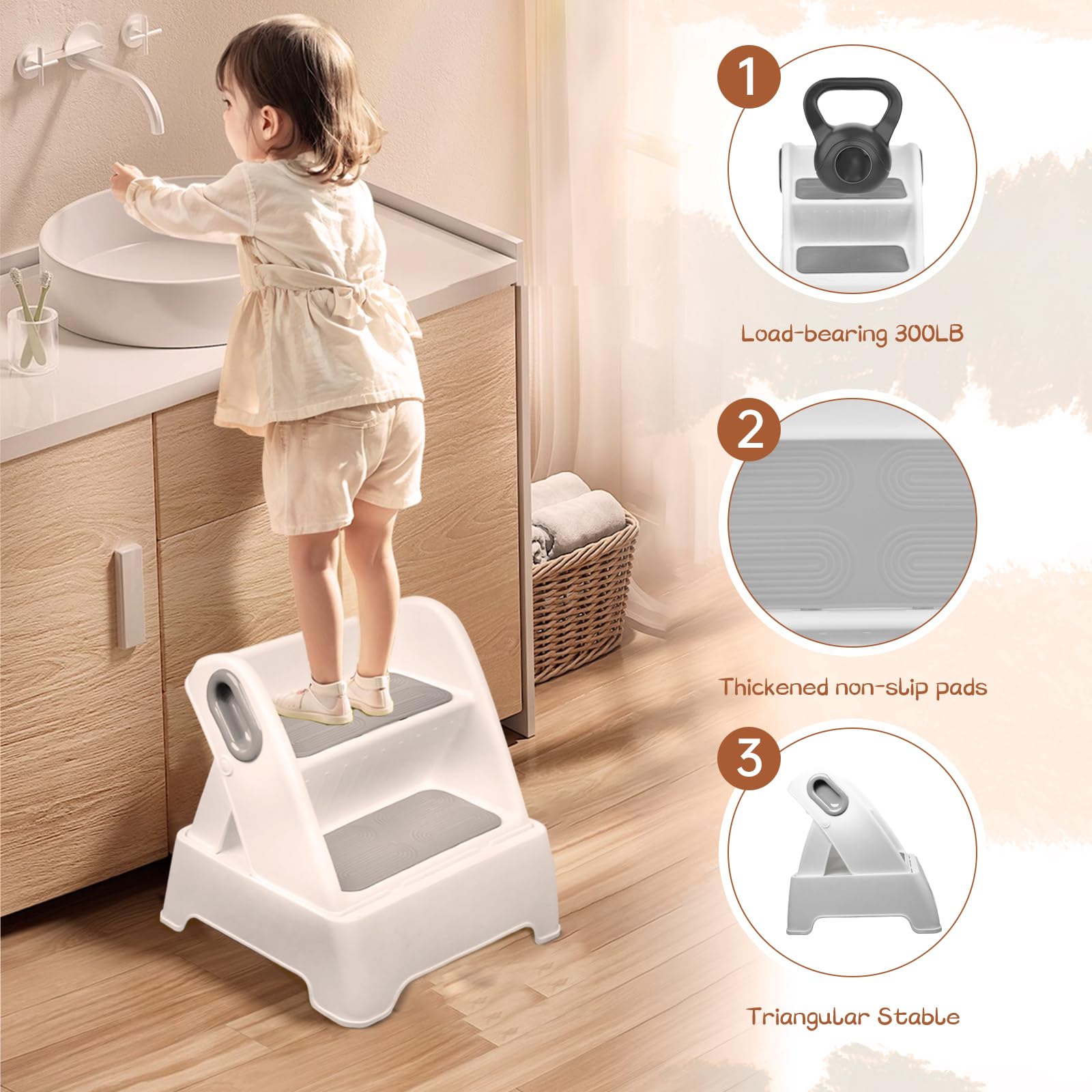 Foldable Two Step Stool for Toddlers,Kids stools for Bathroom,Non-Slip with Handles Kids Step Stool for Bathroom Sink,Toilet Bedroom,Potty Training,Kitchen (Gray)