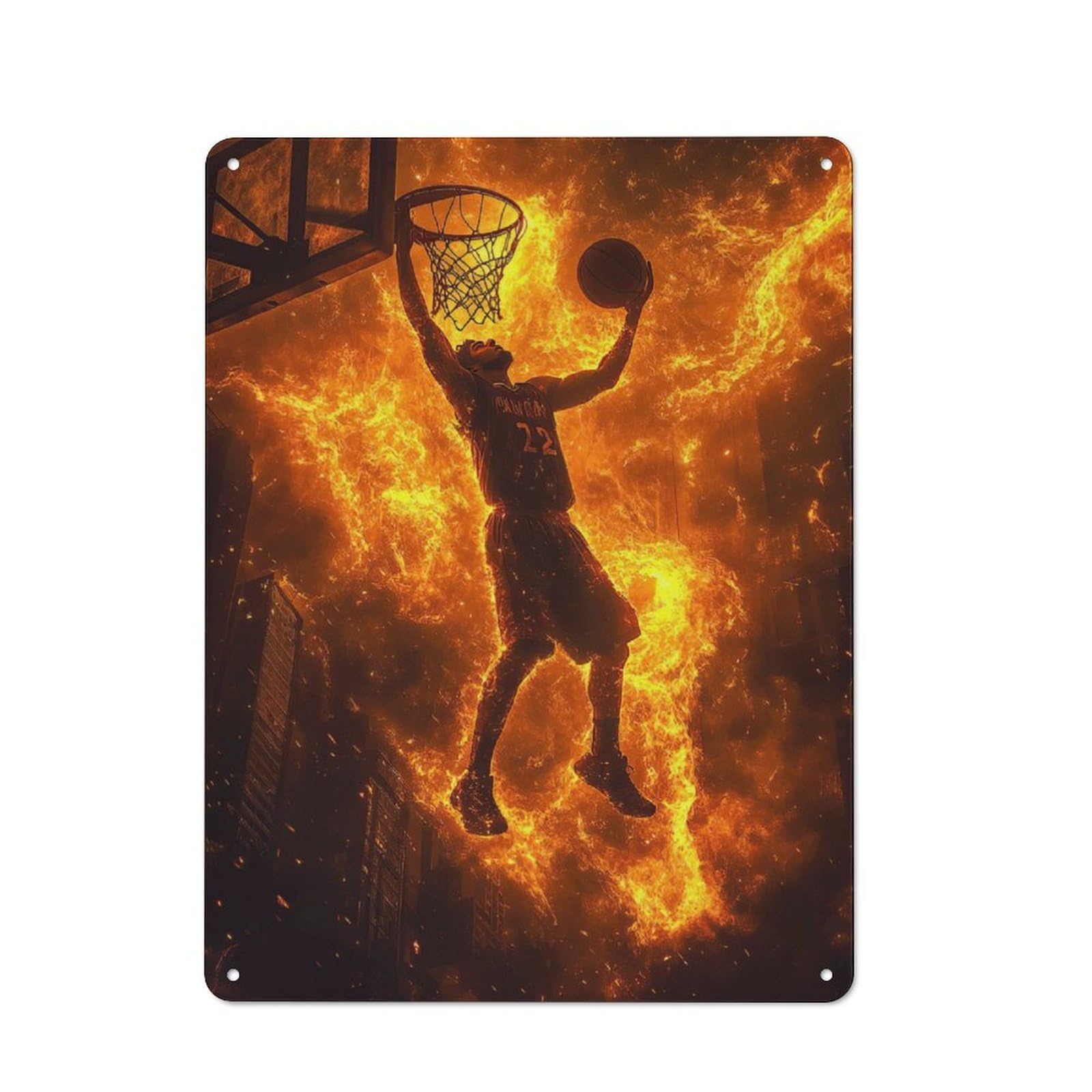 Junmoney Basketball Player In Flames Tin Wall Sign With Design 40X30cm, Classic Bistro Wall Plaque For Bakery, Diner, Cafe Or Family Room