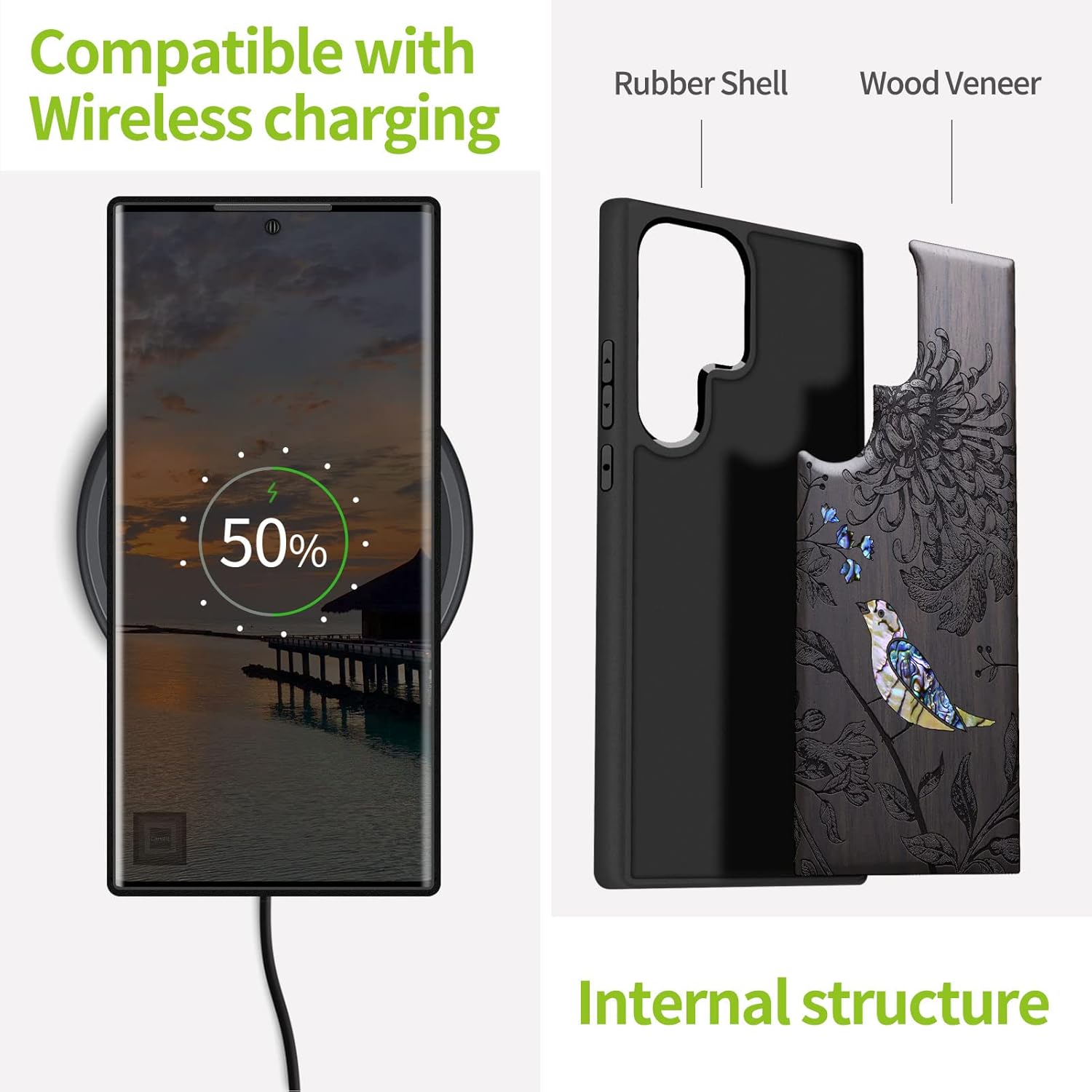 Carveit Designer Wooden Case for Samsung Galaxy S23 Ultra Cover [Wood Engraving & Shell Inlay] Compatible with Wireless Chargers Galaxy S23 Ultra Case (Flowers and Bird-Blackwood)