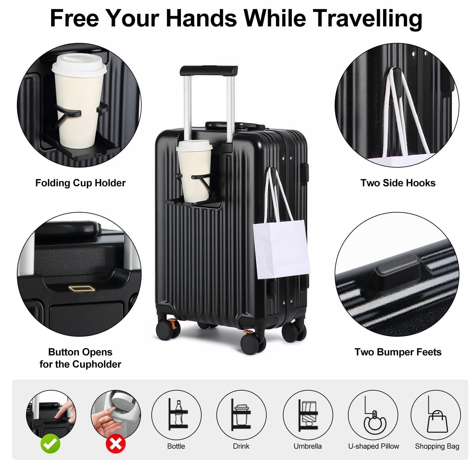 Sea choice Valigia Bagaglio a Mano con Tasca Frontale per Laptop 20" PC Valigia Trolley Porta con USB, 4 Rotelle con lucchetto TSA, Porta bicchieri